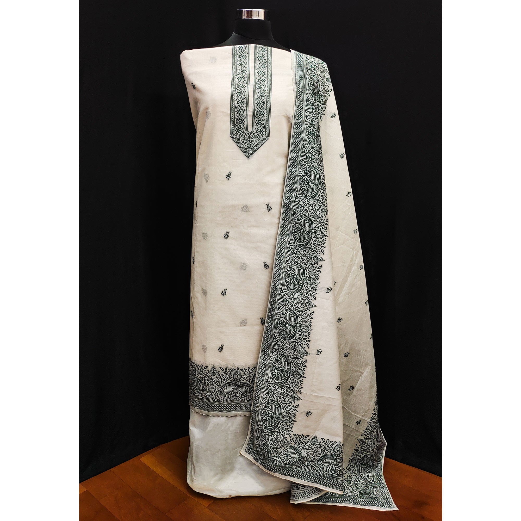 Off White & Green Woven Pure Cotton Dress Material