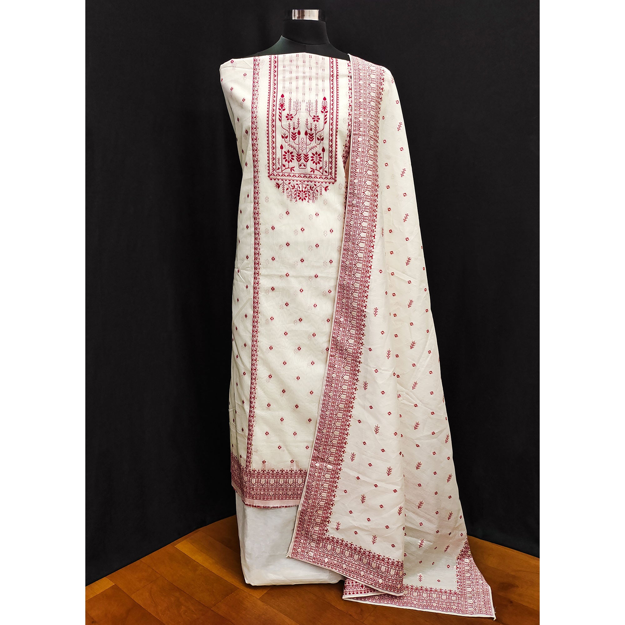 Off White & Maroon Woven Pure Cotton Dress Material