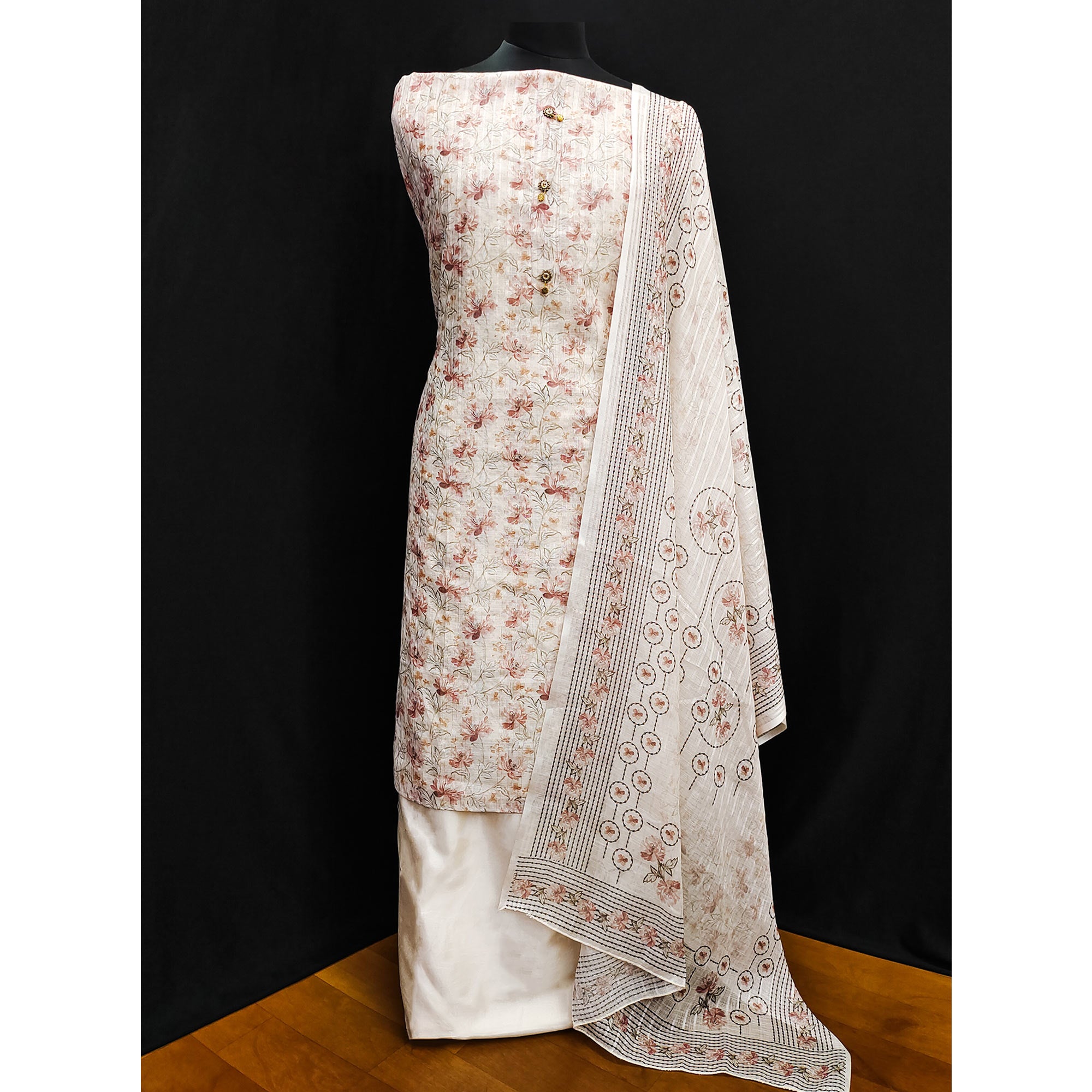 Cream Floral Printed Linen Dress Material