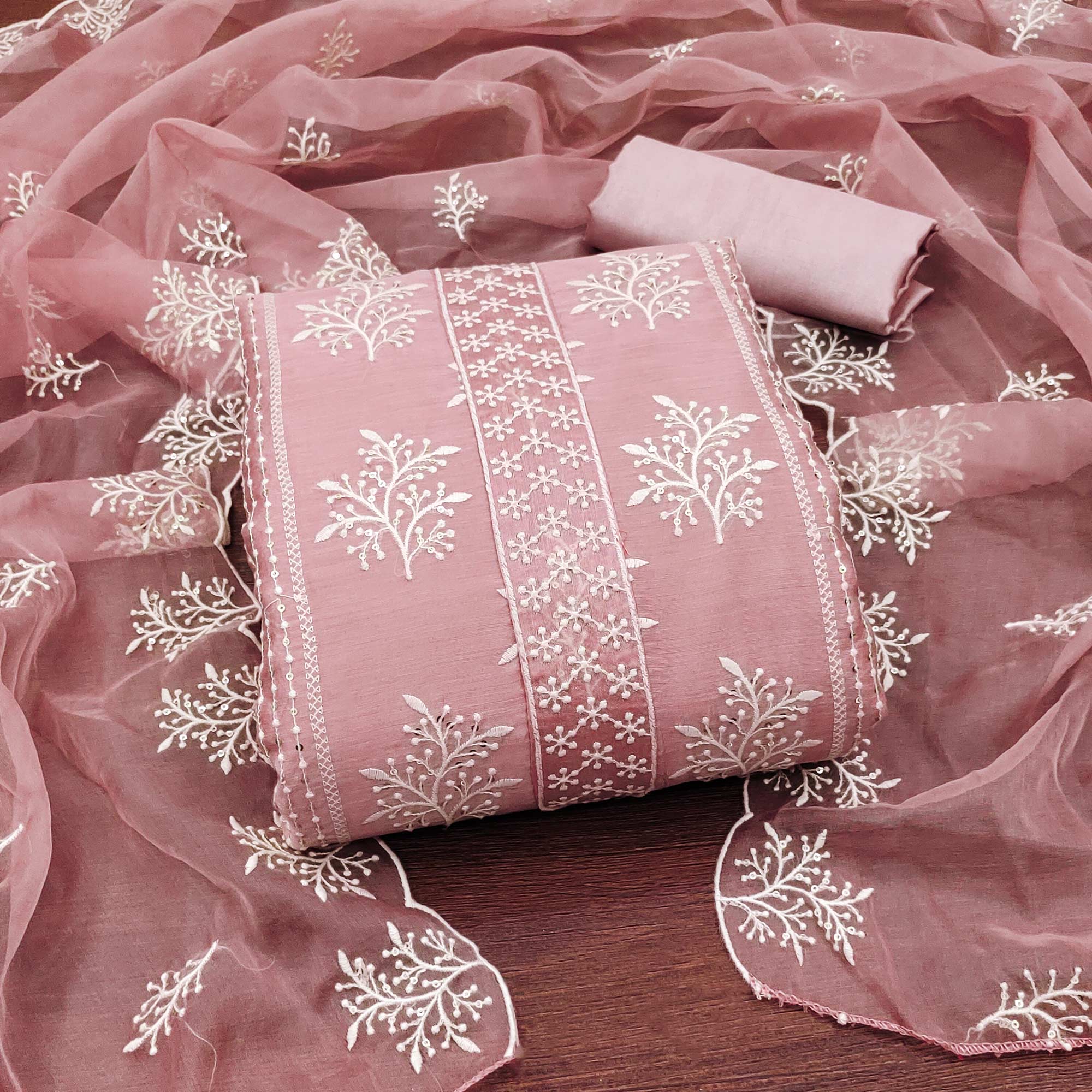 Pink Embroidered Chanderi Dress Material