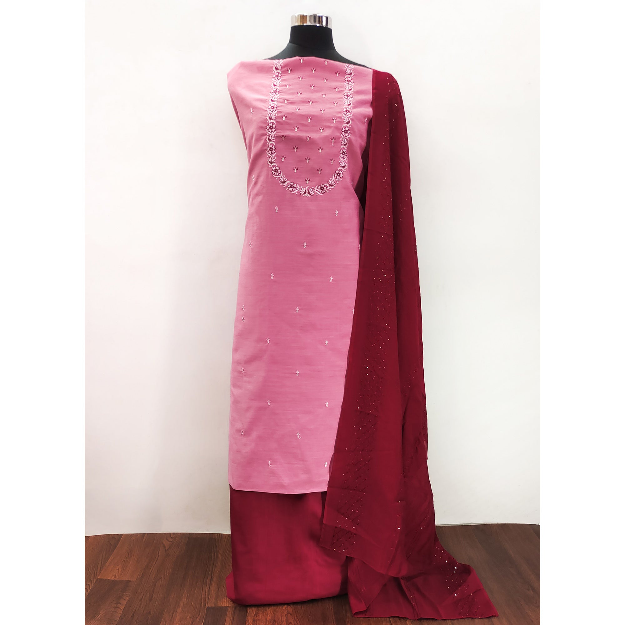 Pink Embroidered viscose Dress Material
