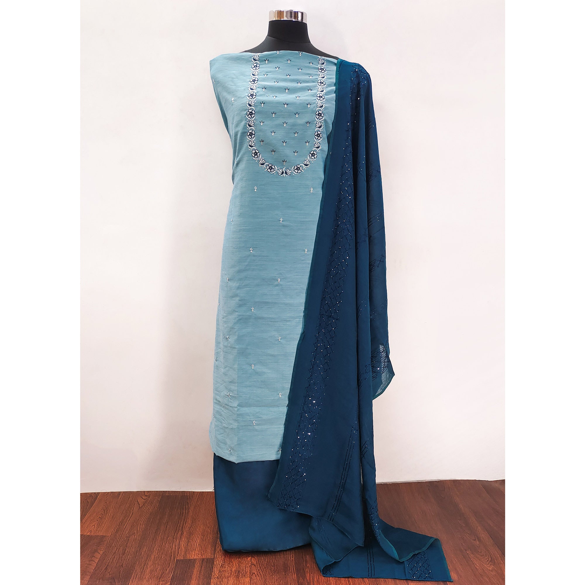 Sky Blue Embroidered Pure Cotton Dress Material