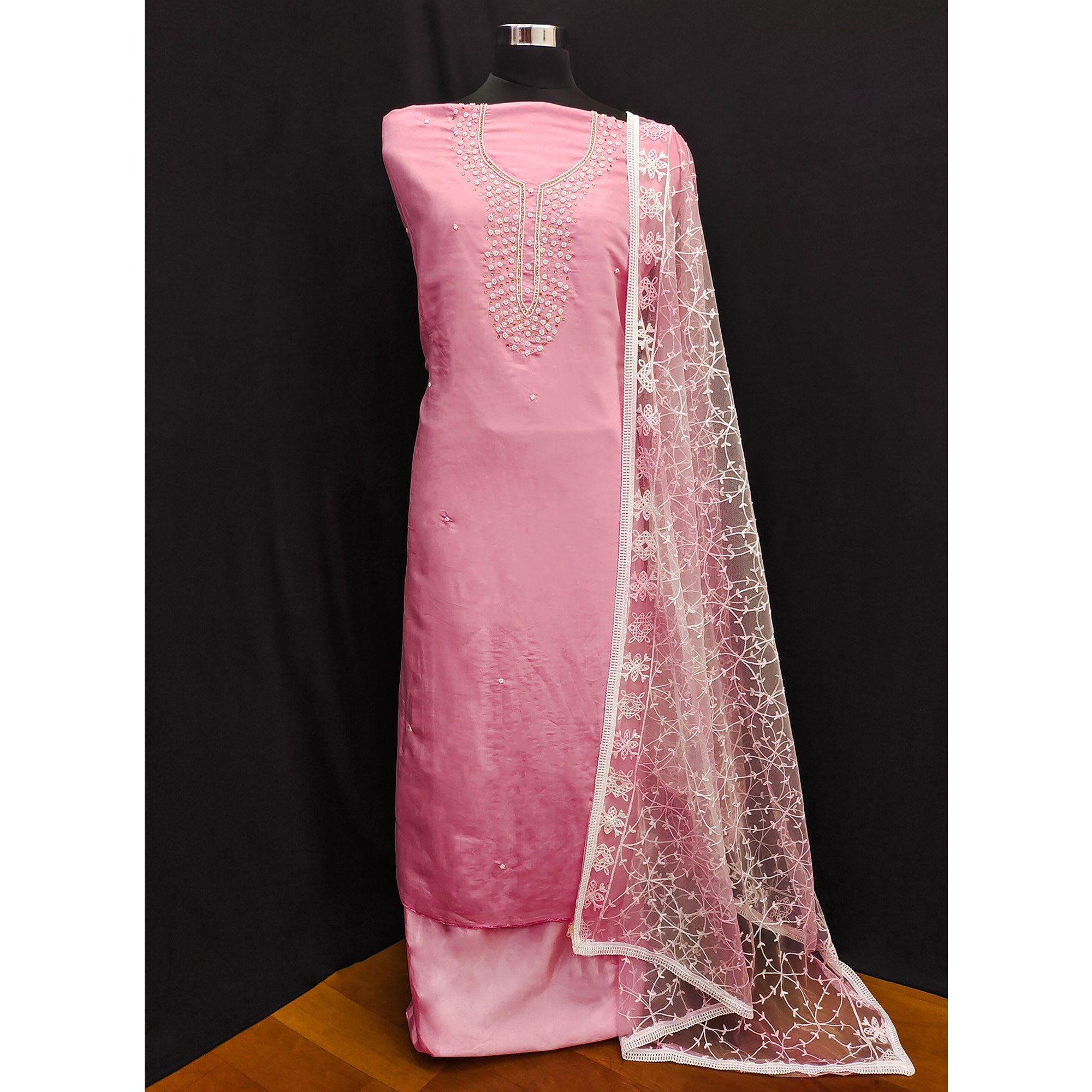 Pink Bead & Stones Embroidered Viscose Dress Material