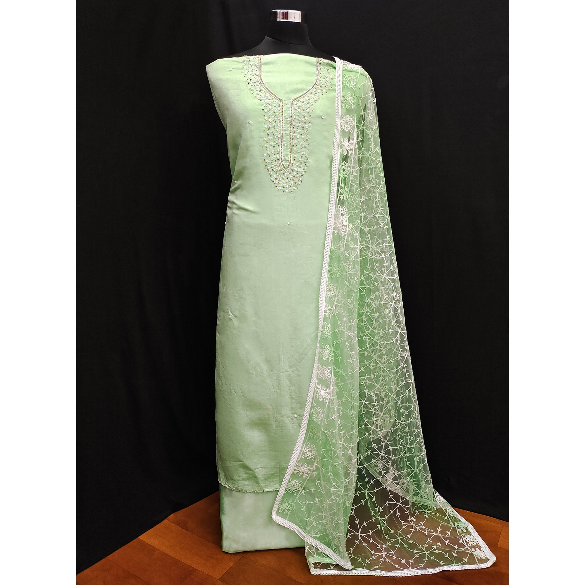 Pista Green Bead & Stones Embroidered Viscose Dress Material