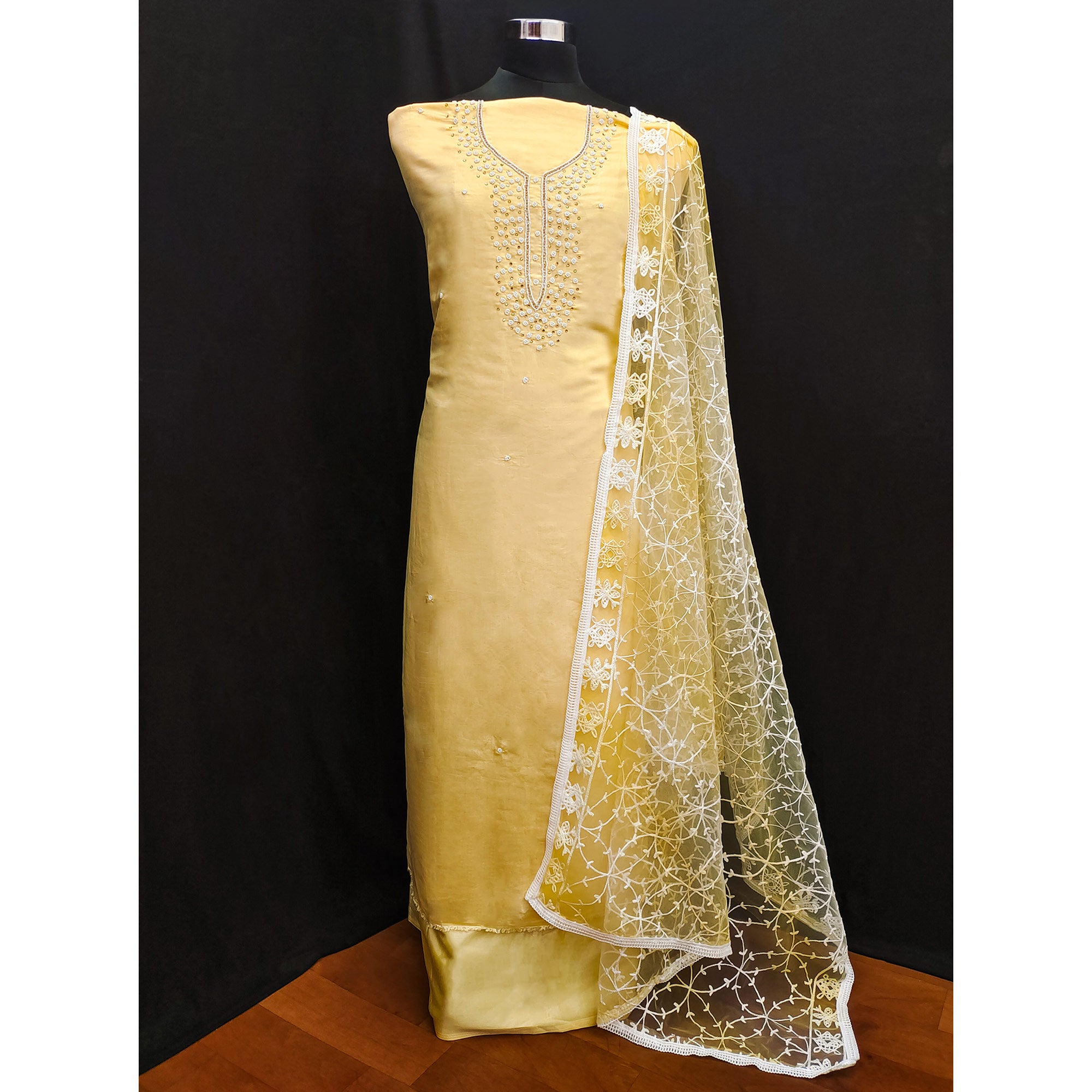 Yellow Bead & Stones Embroidered Viscose Dress Material