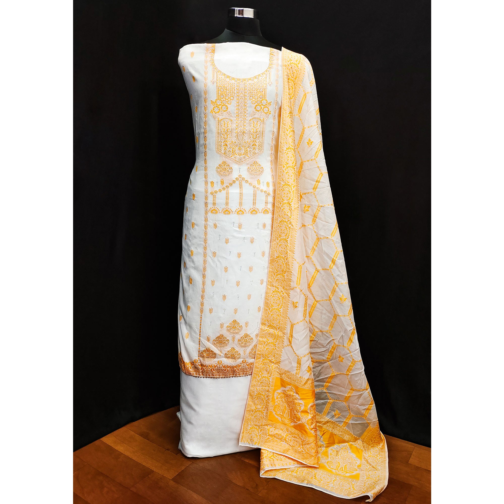 White & Mustard Woven Dola Silk Dress Material
