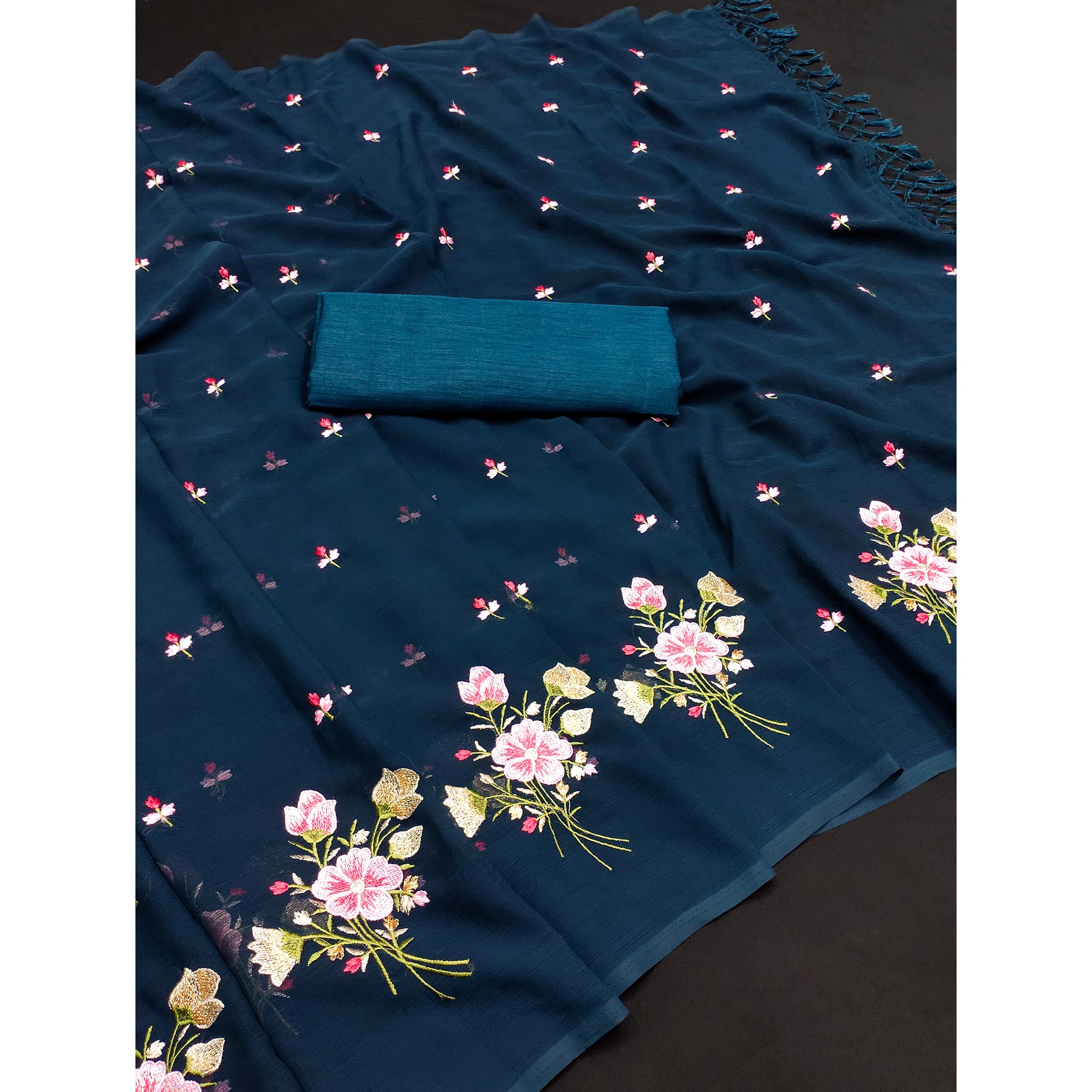 Blue Floral Embroidered Art Silk Saree