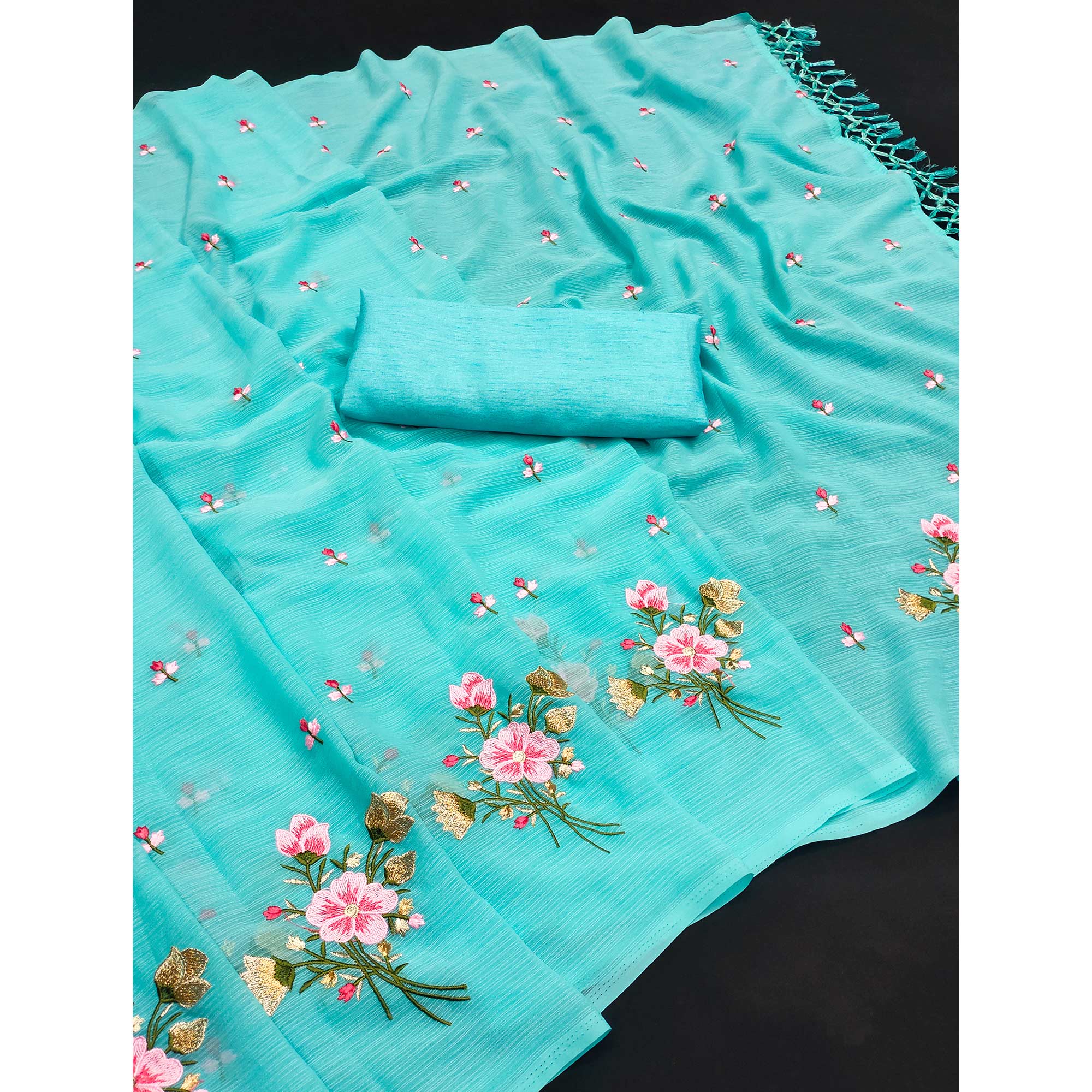 Turquoise Floral Embroidered Art Silk Saree