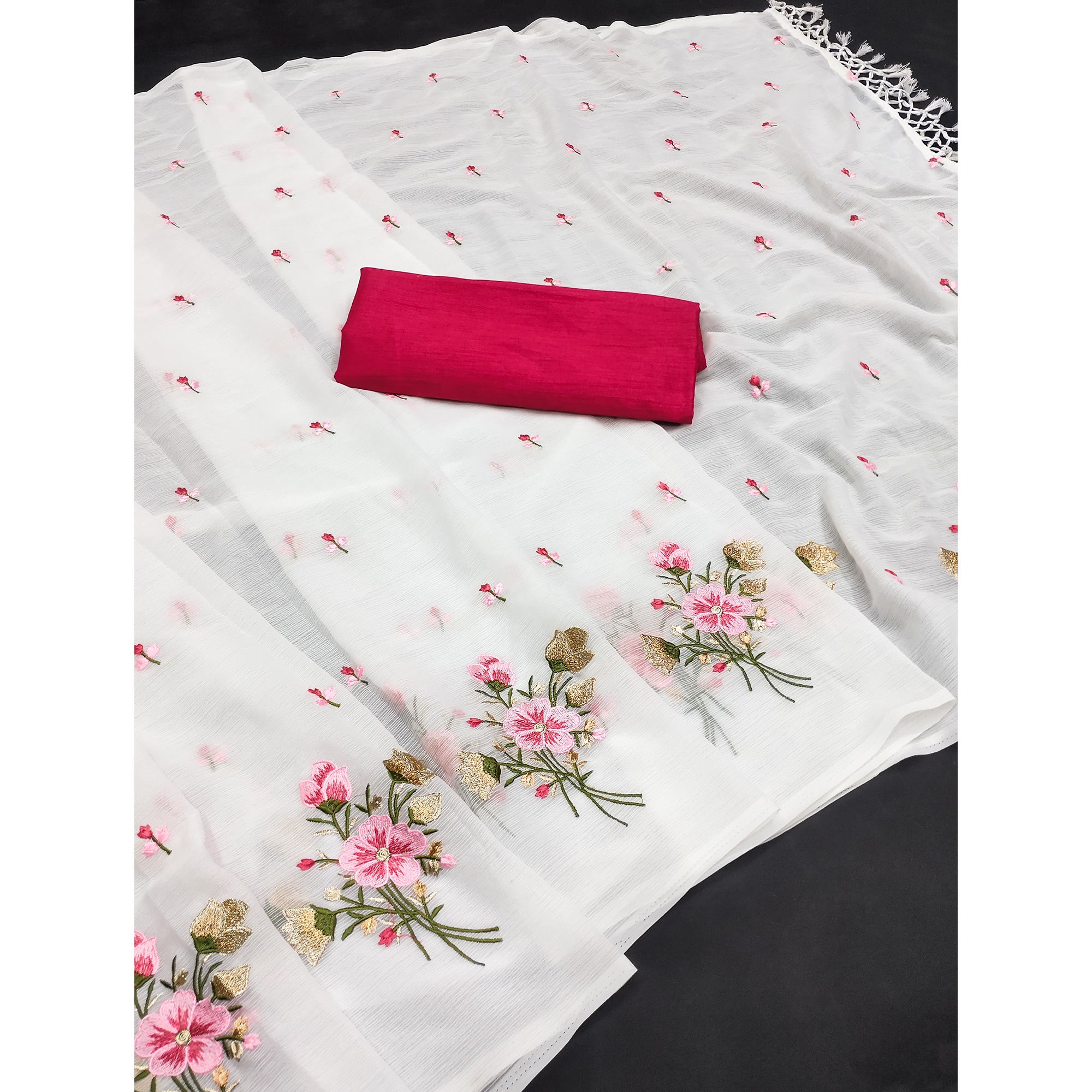 White Floral Embroidered Art Silk Saree