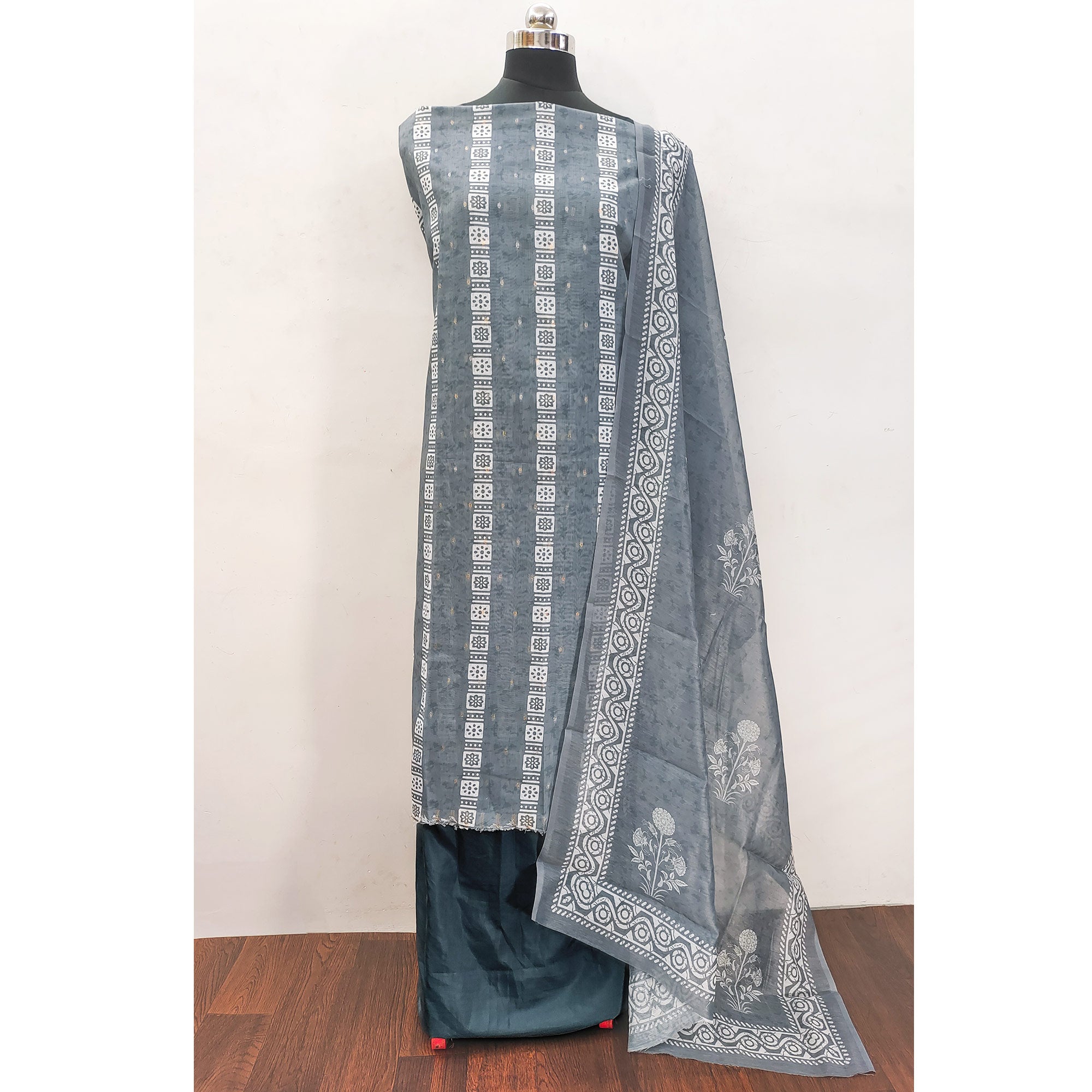 Grey Floral Printed Chanderi Dress Material