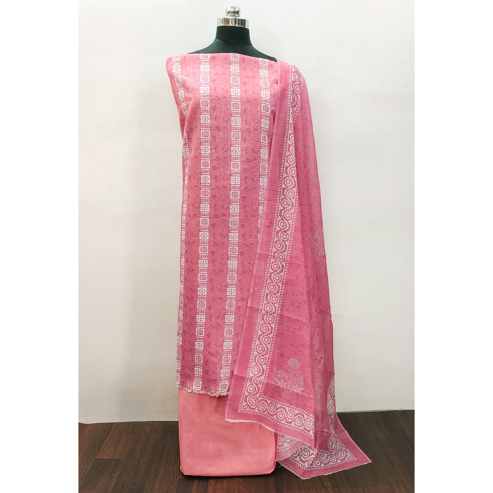 Pink Floral Printed Chanderi Dress Material