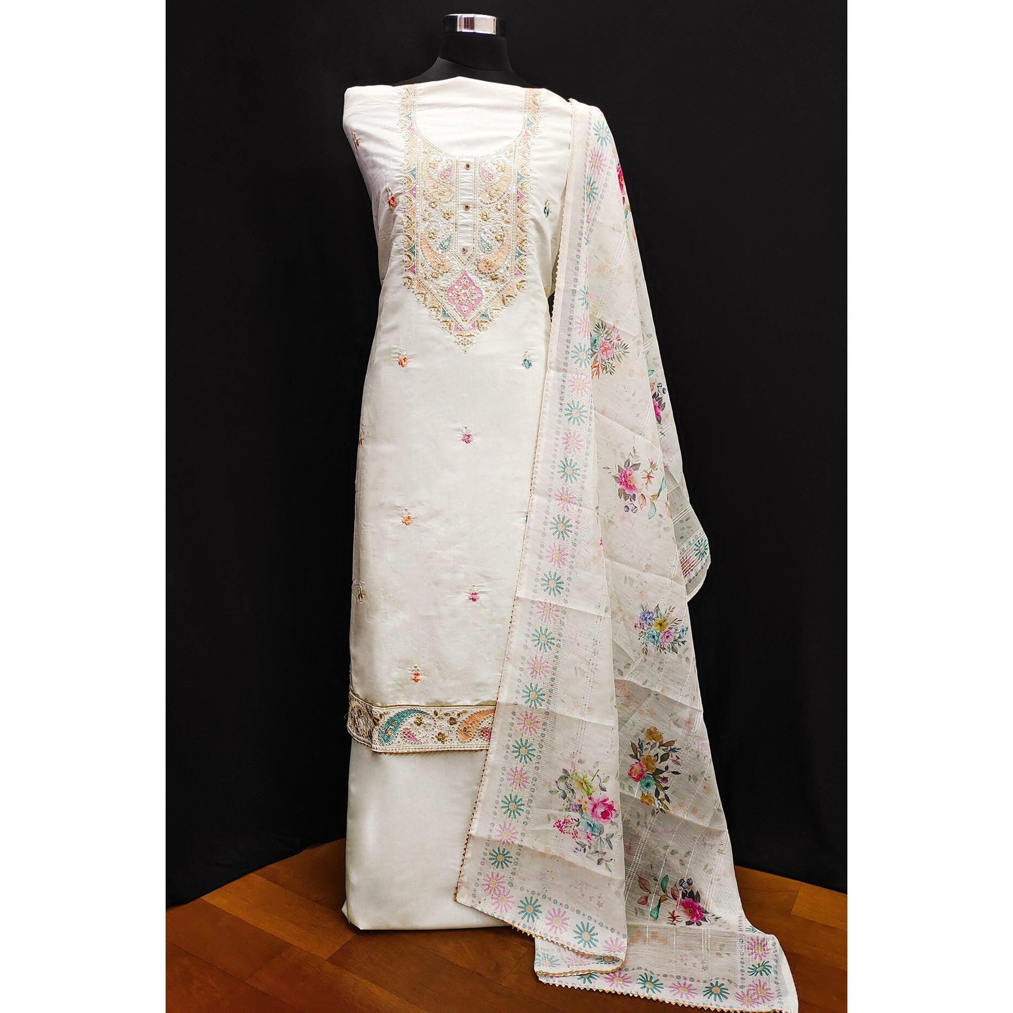 White Embroidered Viscose Dress Material