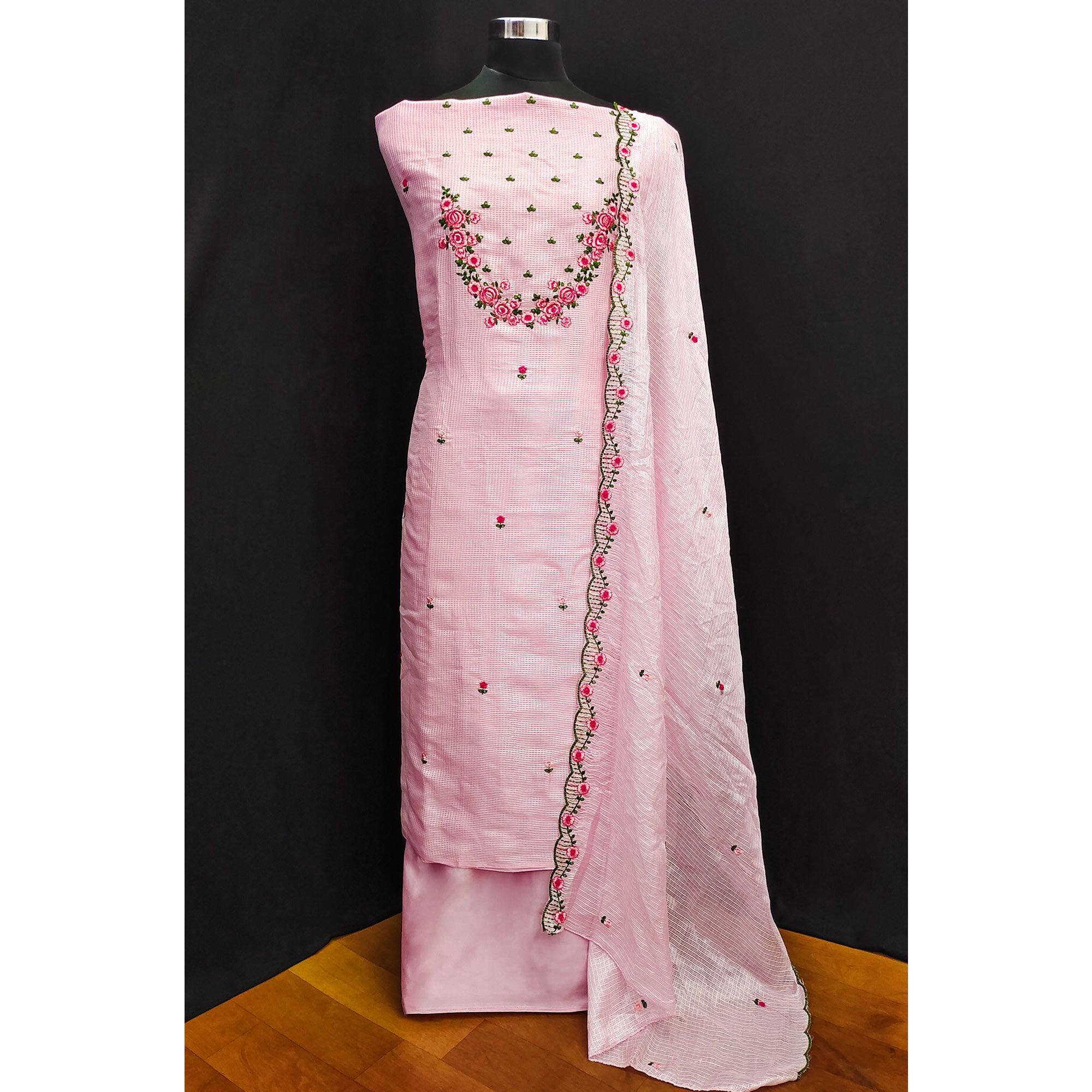 Pink Floral Embroidered Kota Doria Dress Material