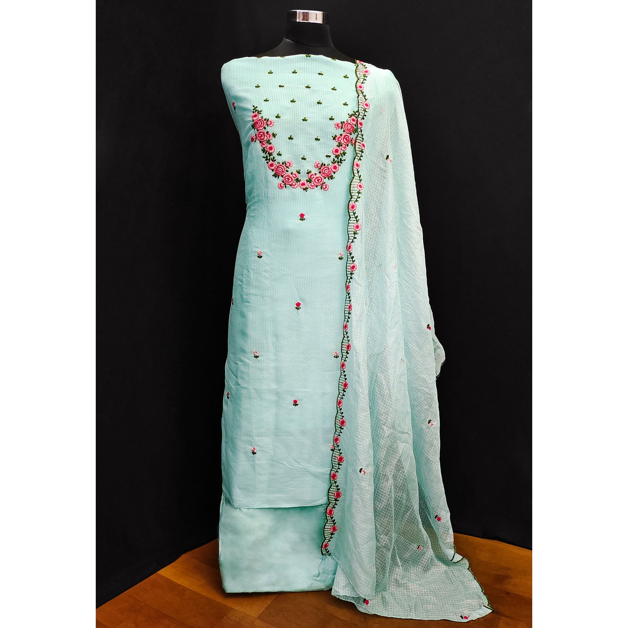 Sea Green Floral Embroidered Kota Doria Dress Material