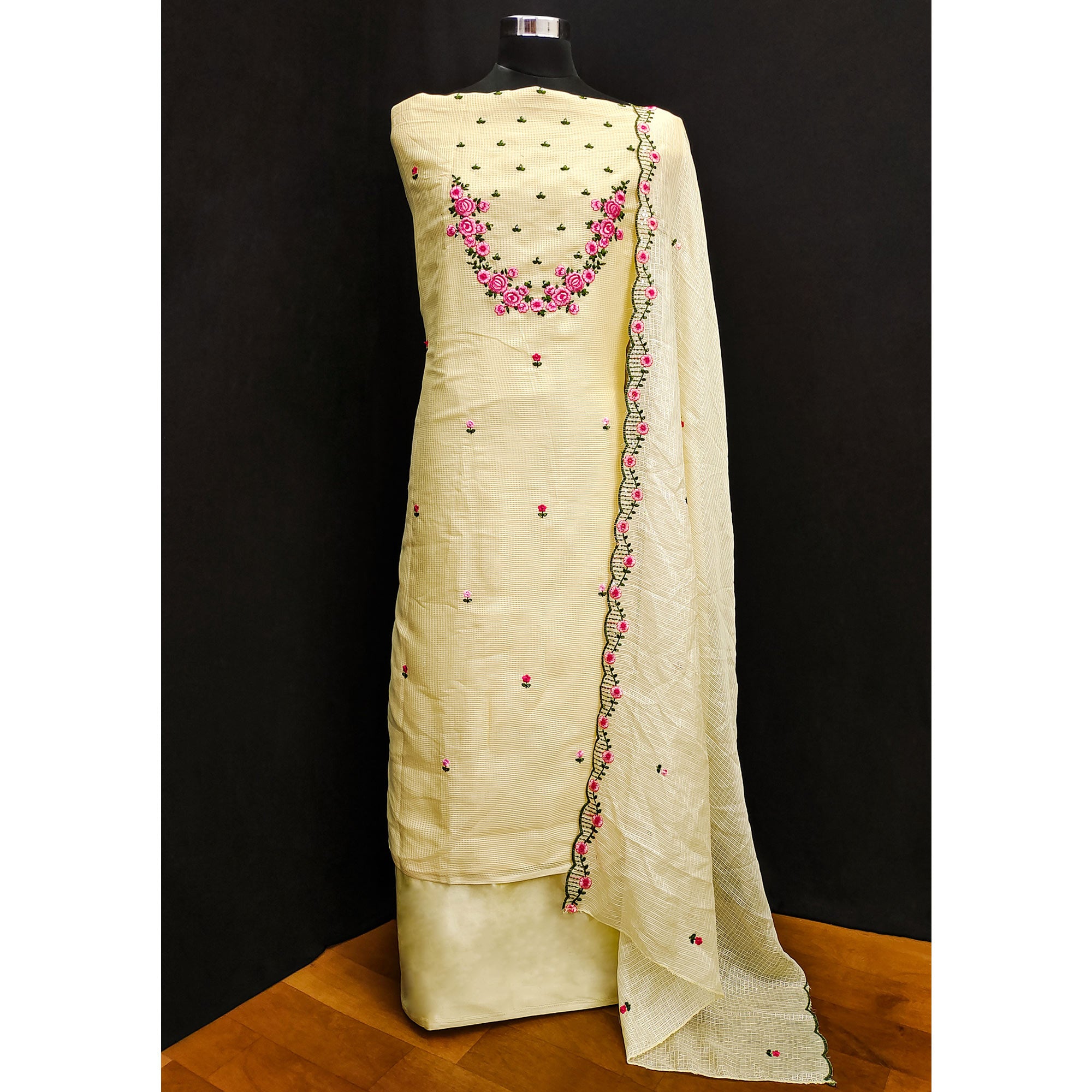 Yellow Floral Embroidered Kota Doria Dress Material