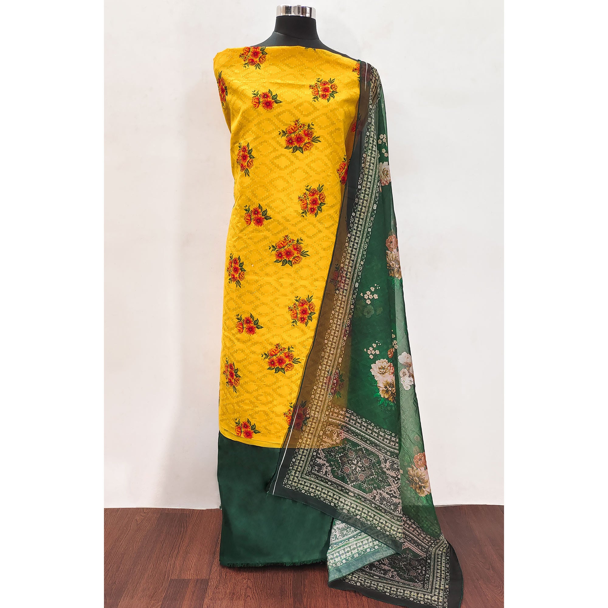 Yellow Floral Printed Pure Cotton Dress Material