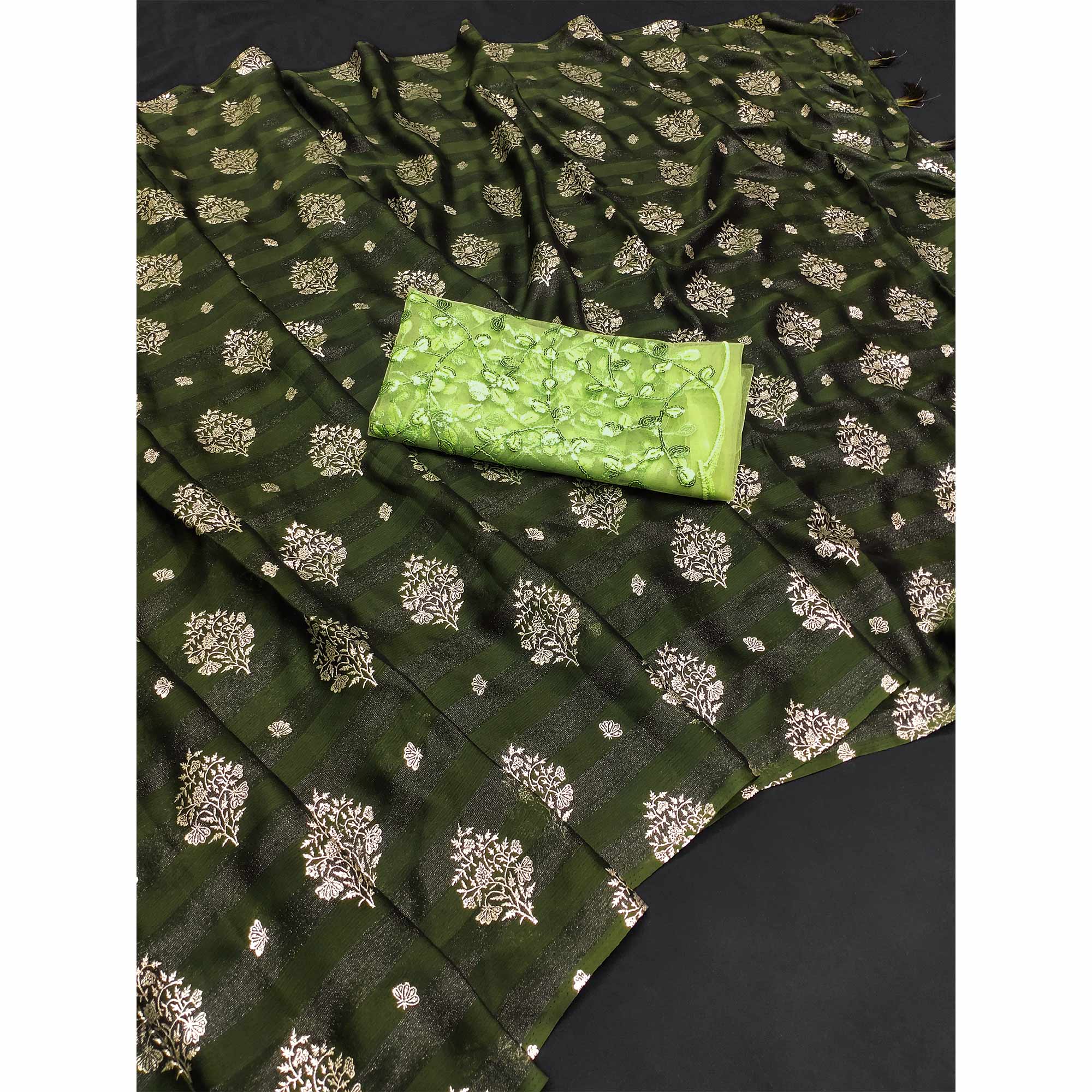 Mehendi Green Foil Printed Chiffon Saree