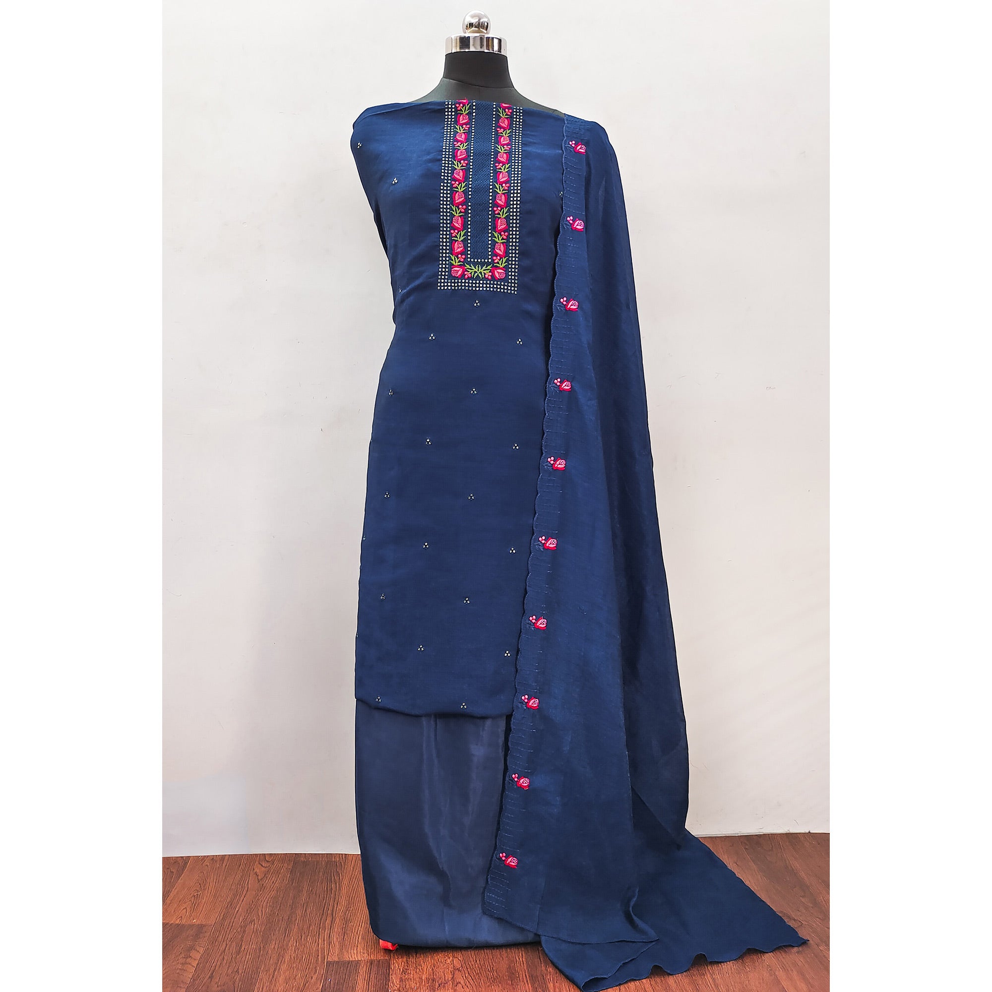 Blue Embroidered Vichitra Silk Dress Material