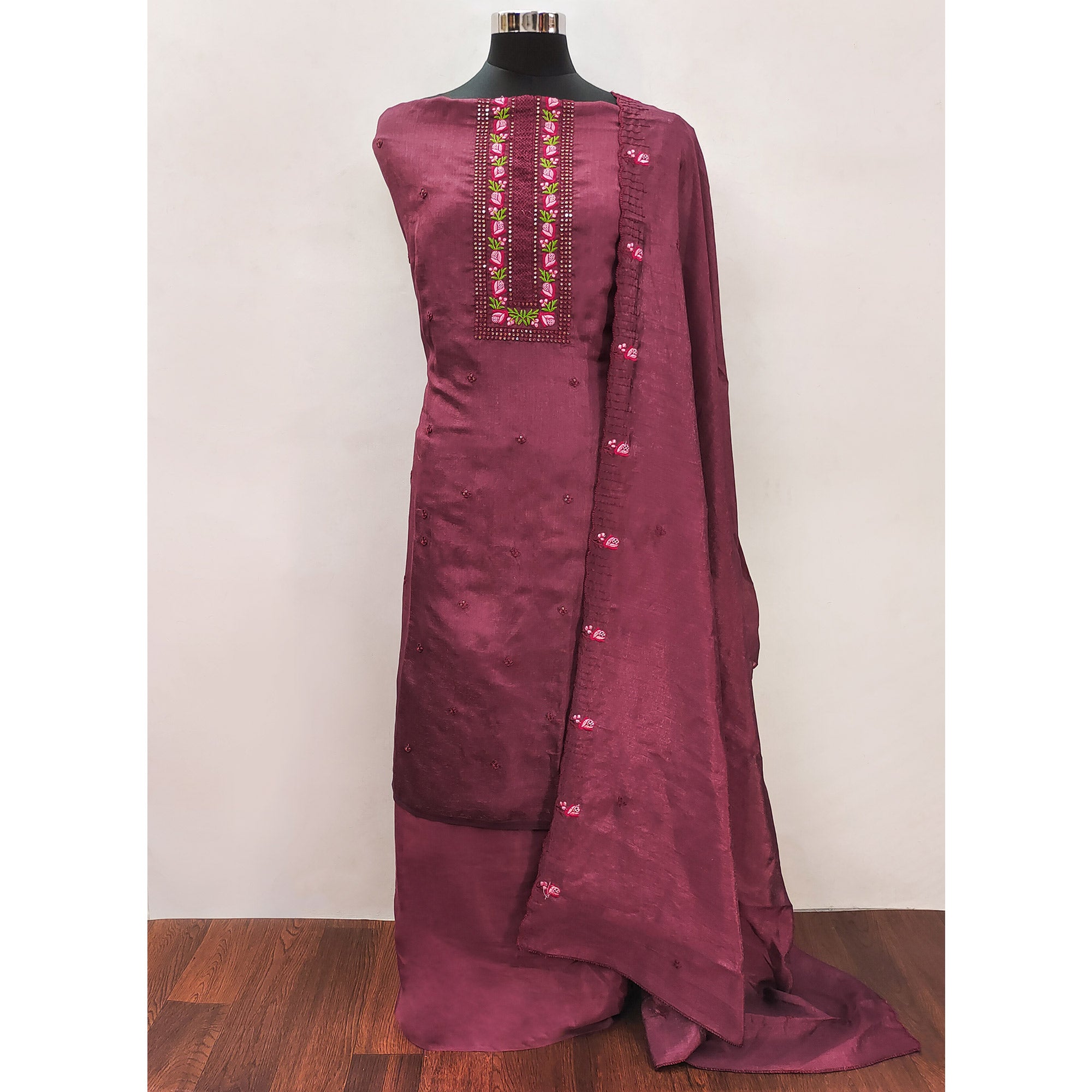 Dark Mauve Embroidered Vichitra Silk Dress Material