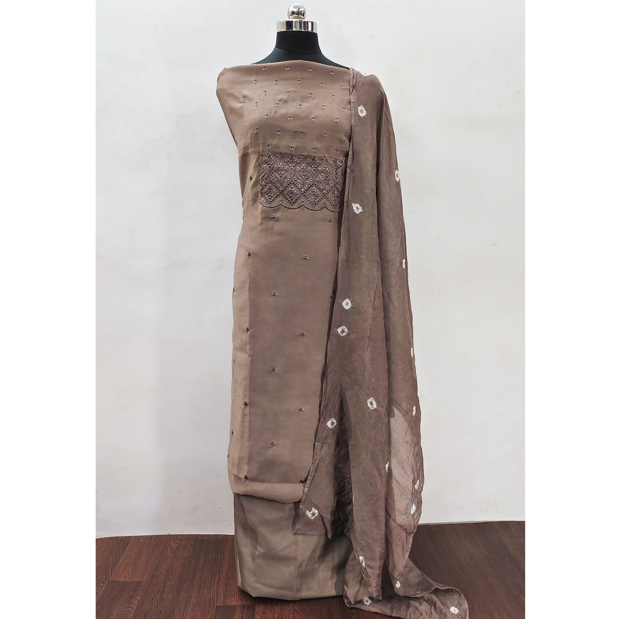 Brown Embroidered Cotton Blend Dress Material