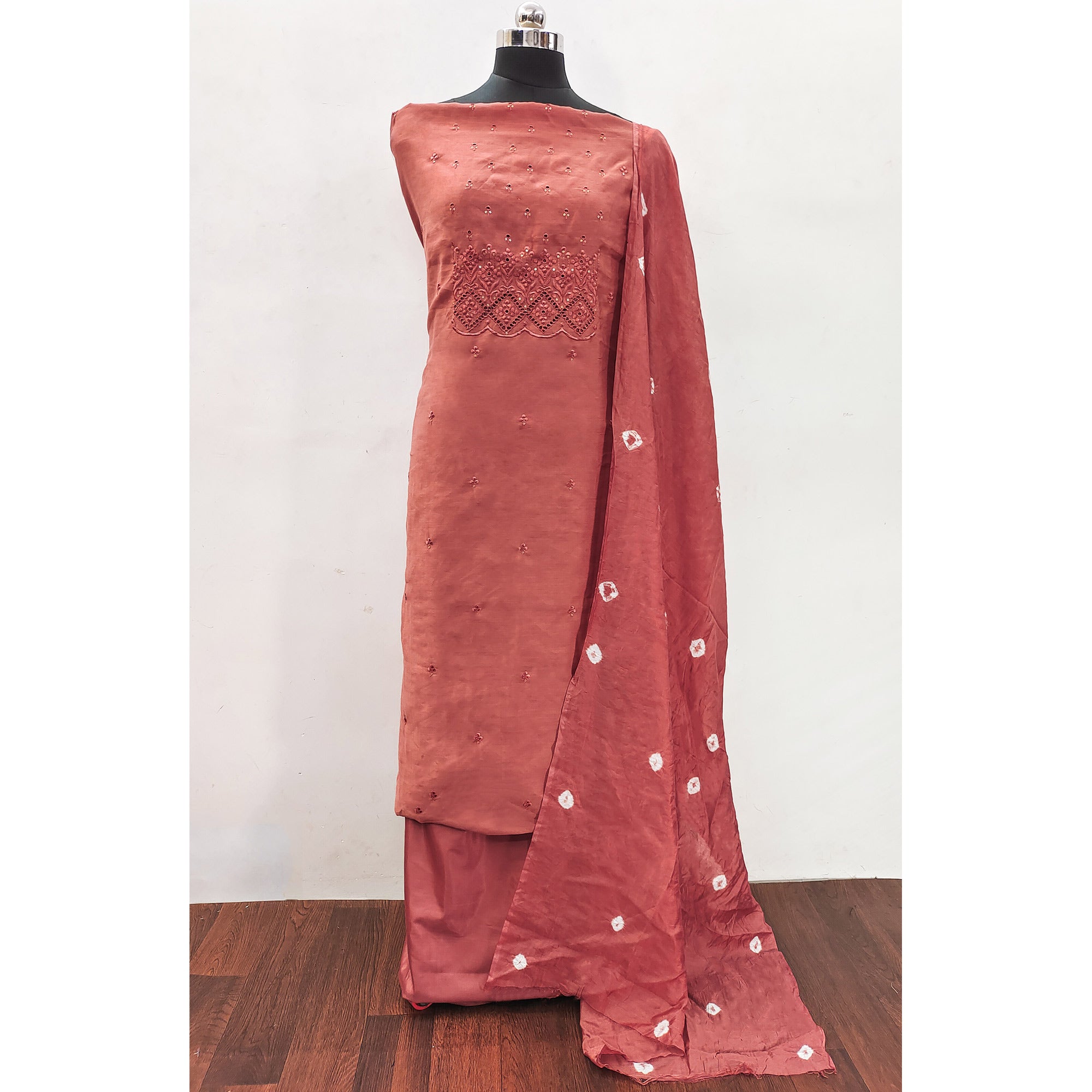 Peach Embroidered Cotton Blend Dress Material