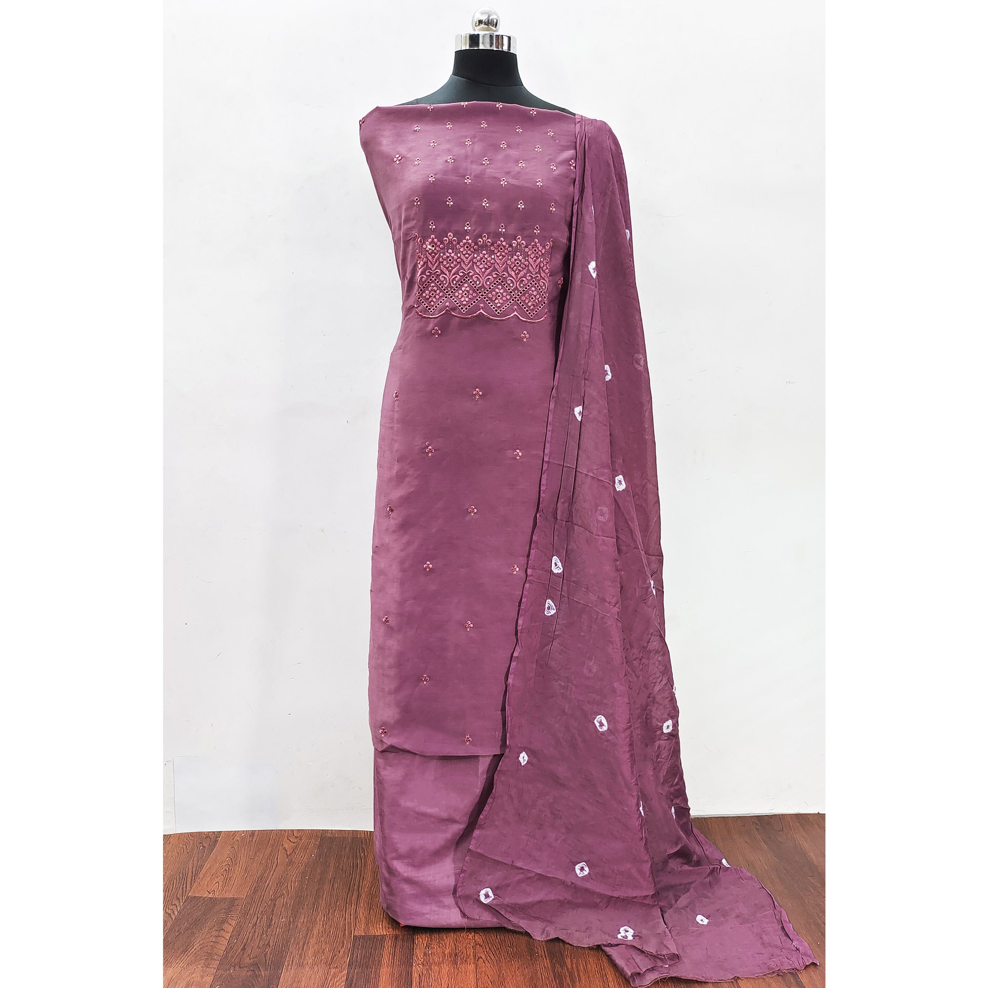 Purple Embroidered Cotton Blend Dress Material