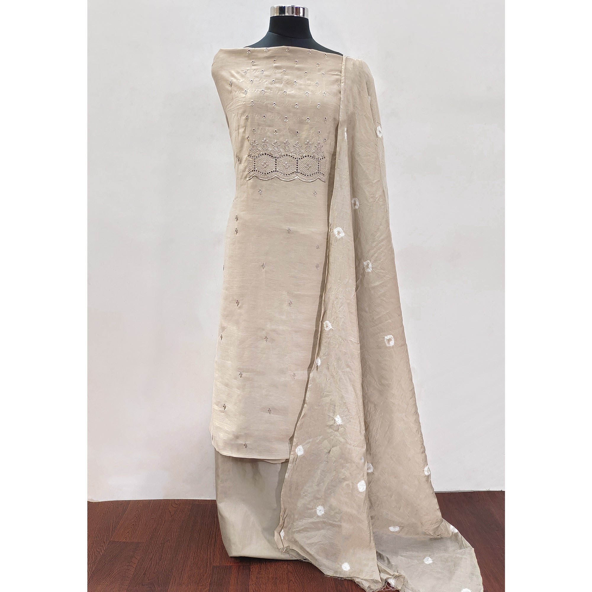 Beige Embroidered Cotton Blend Dress Material