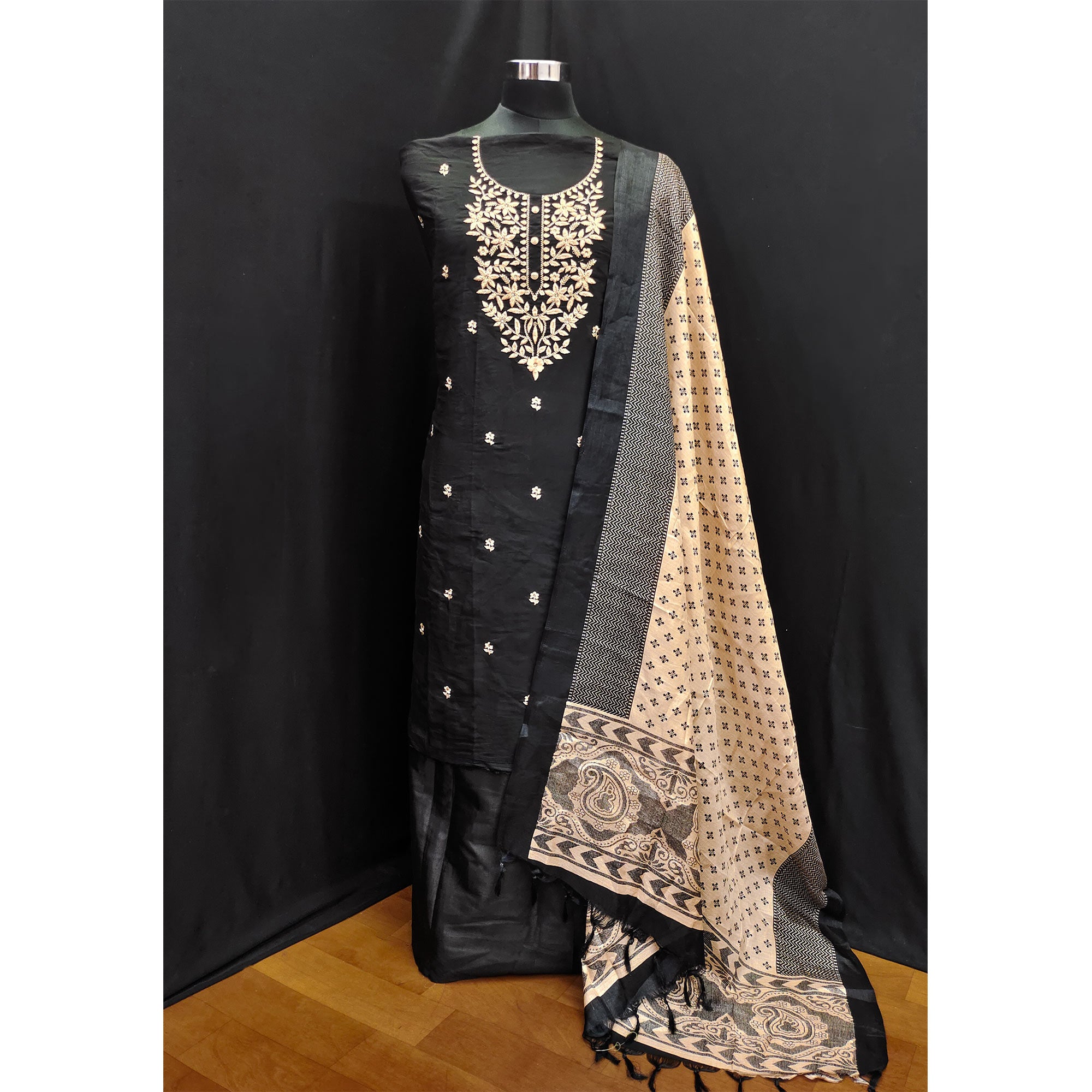 Black Embroidered Viscose Dress Material