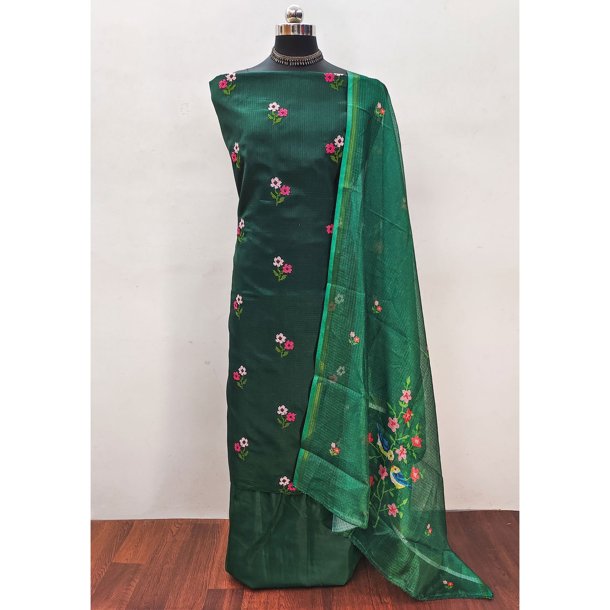 Dark Green Floral Embroidered Kota Doria Dress Material