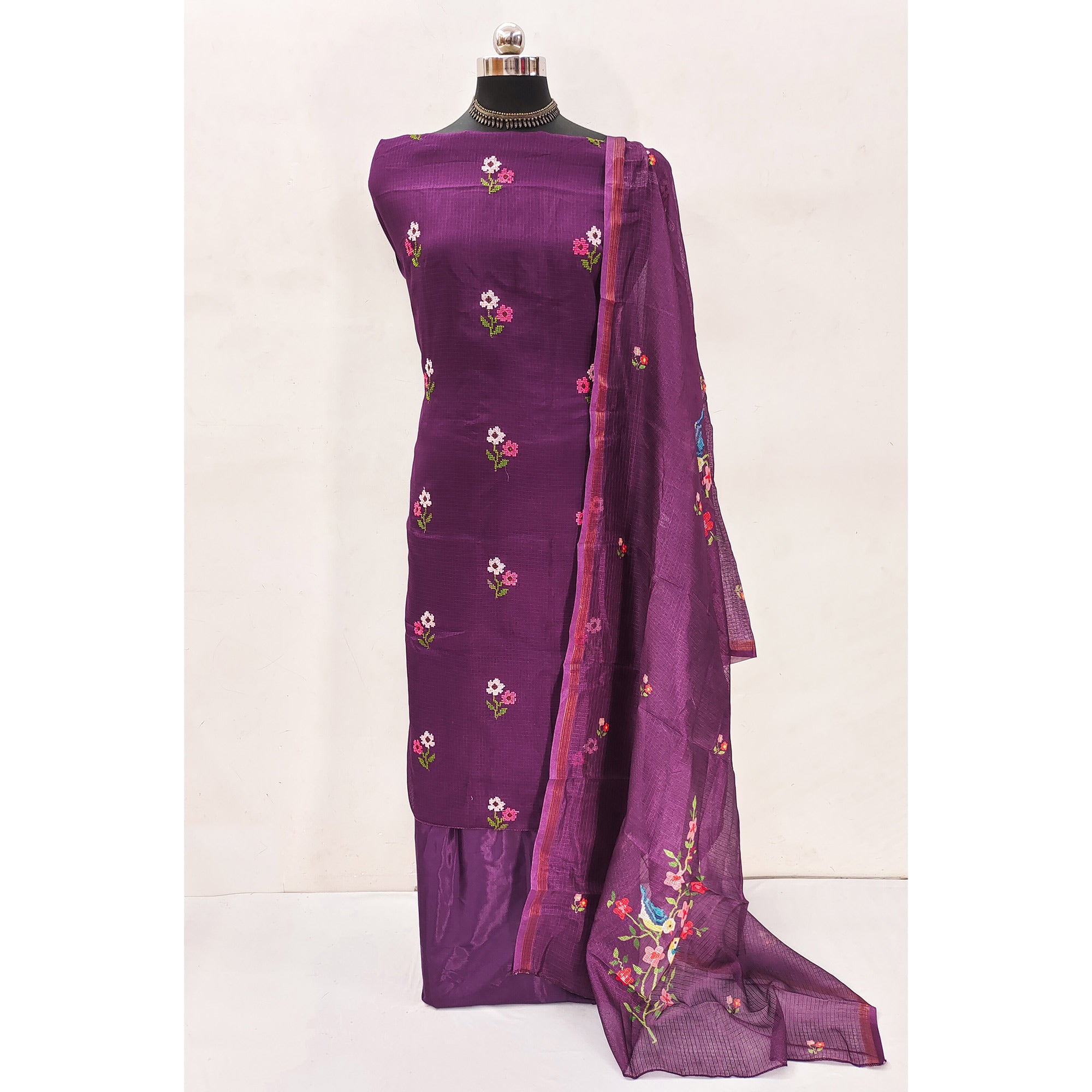 Dark Purple Floral Embroidered Kota Doria Dress Material
