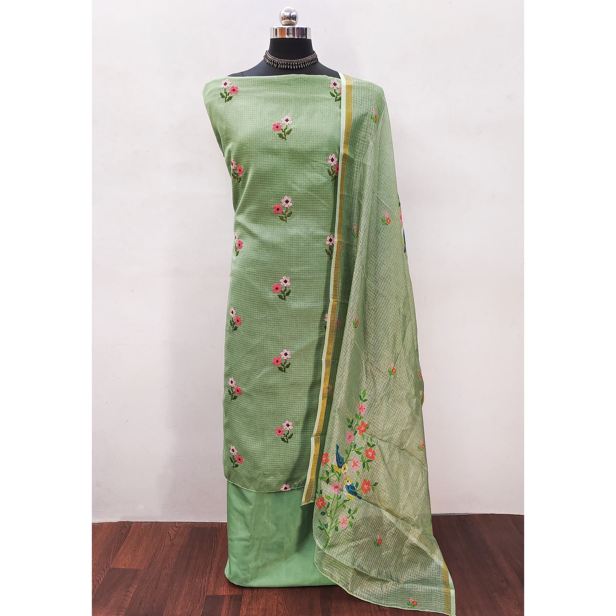 Green Floral Embroidered Kota Doria Dress Material