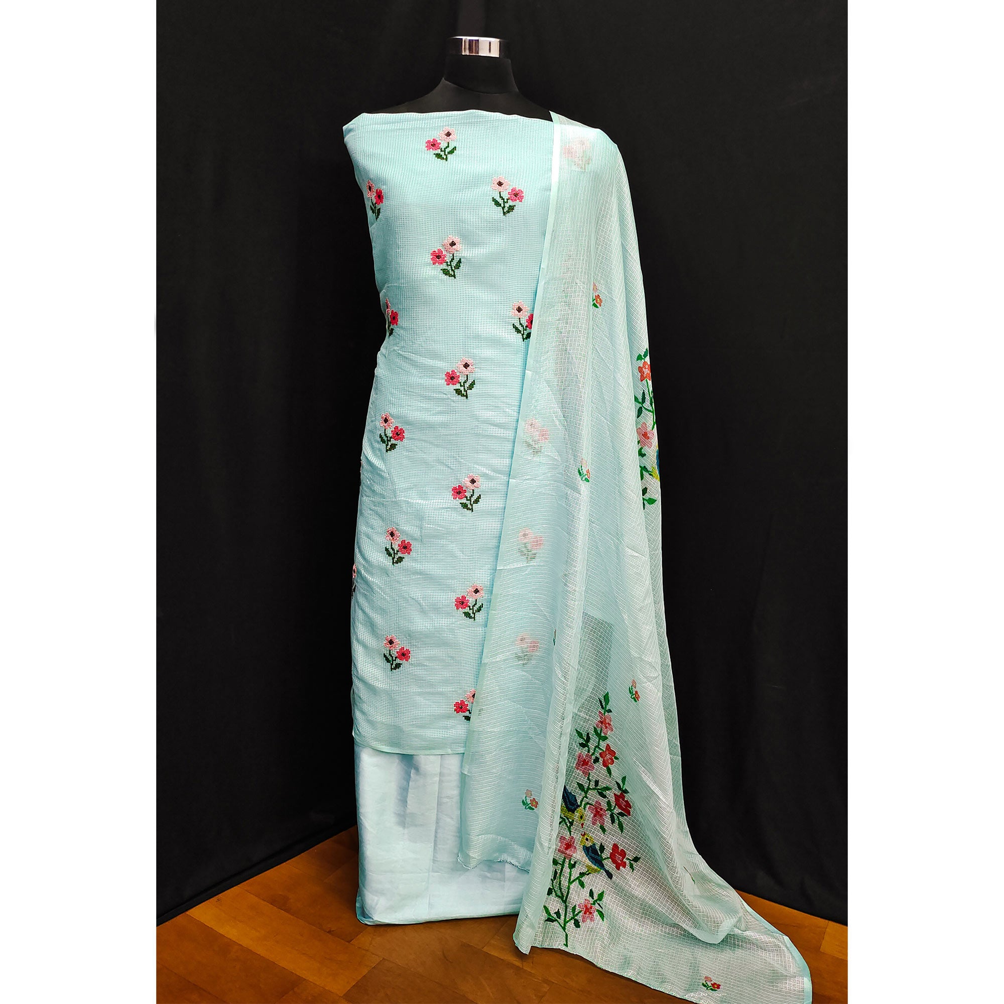 Light Blue Floral Embroidered Kota Doria Dress Material