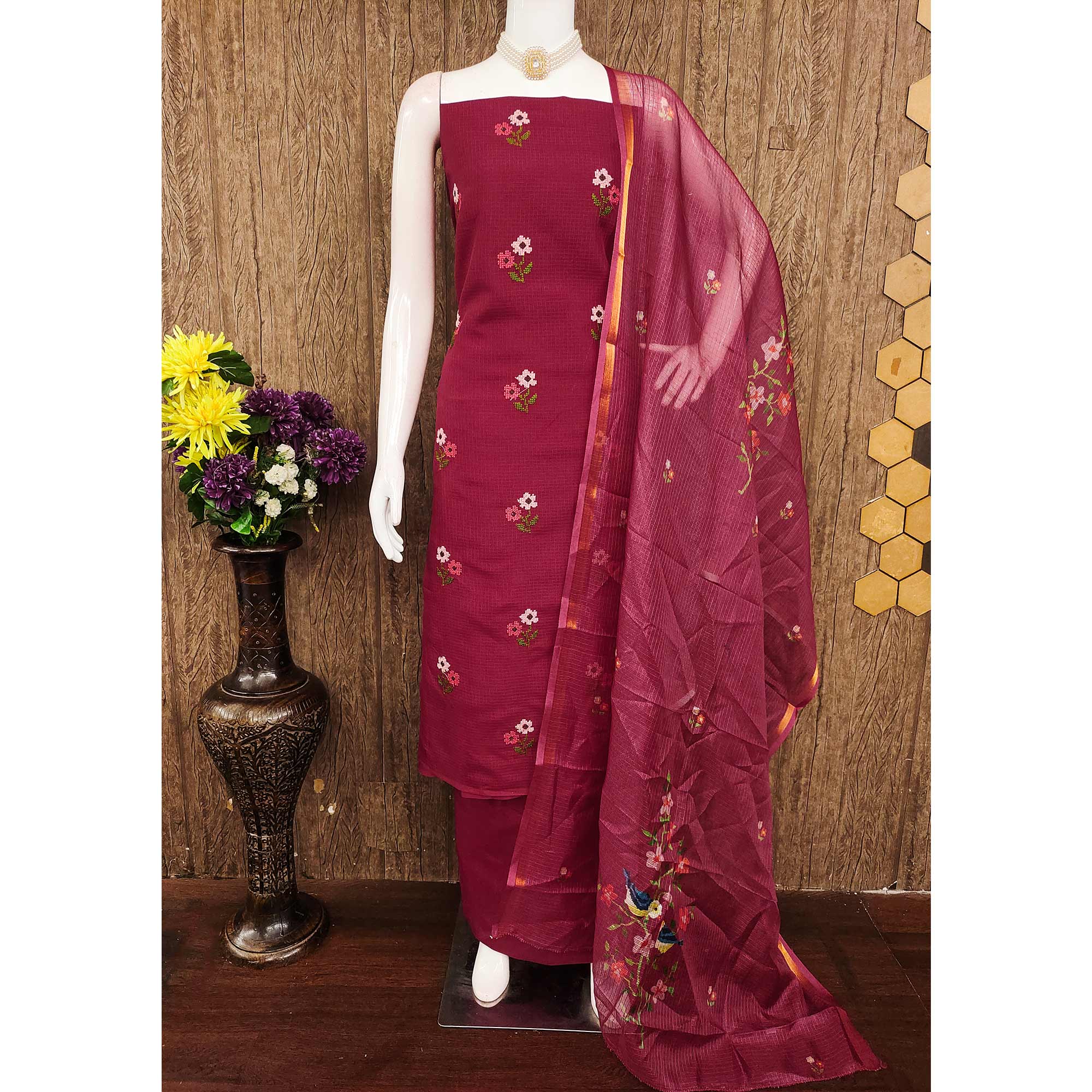 Unstitched Maroon Suit Set in Soft Kota Doria Adorned with Floral Embroidery