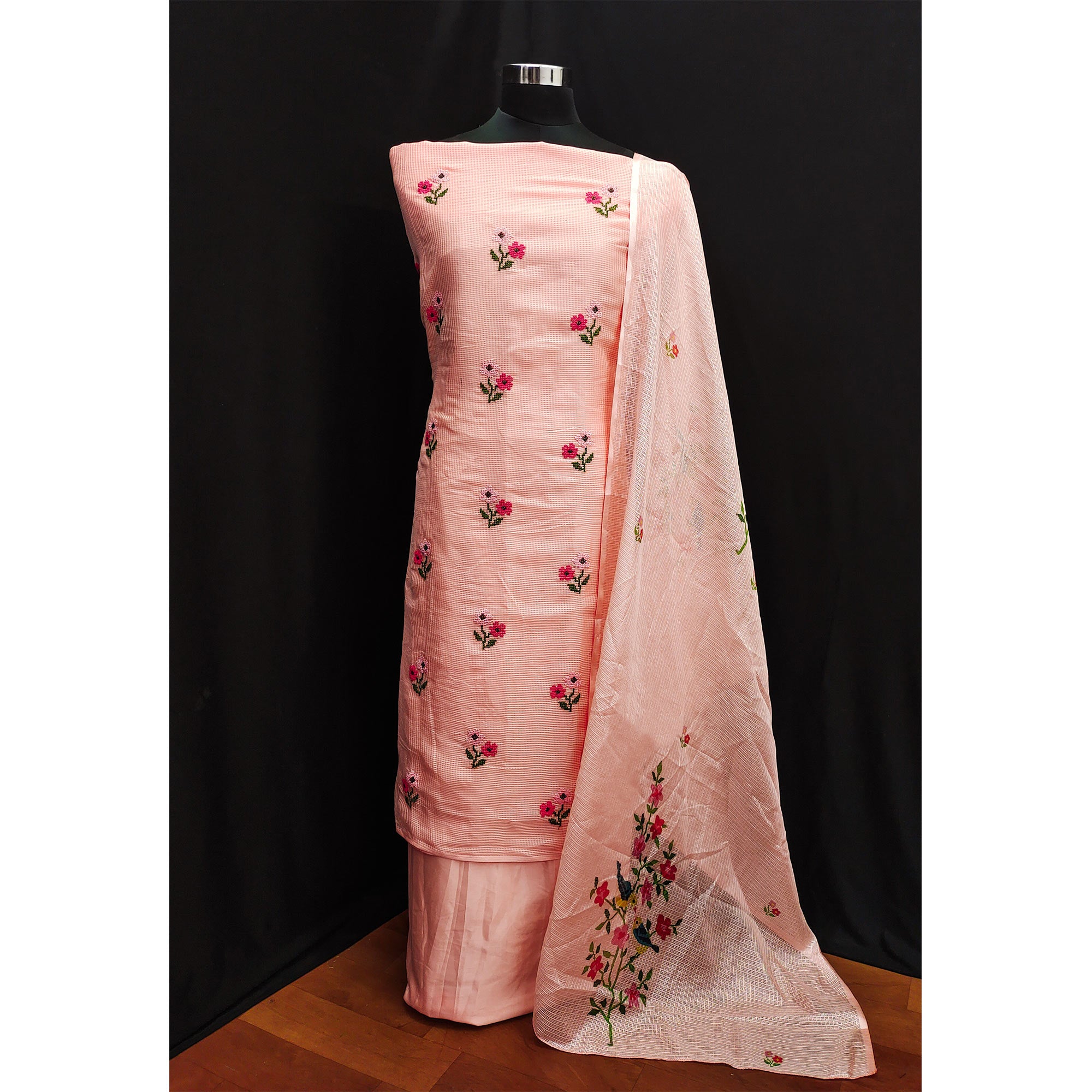 Peach Floral Embroidered Kota Doria Dress Material