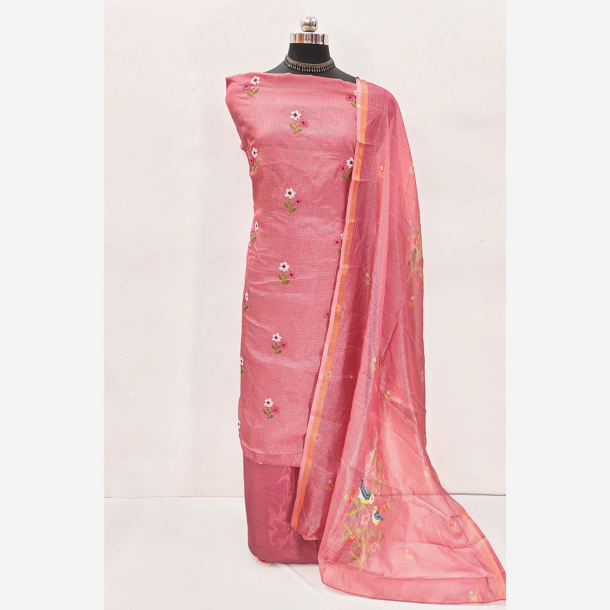 Peach Floral Embroidered Kota Doria Dress Material