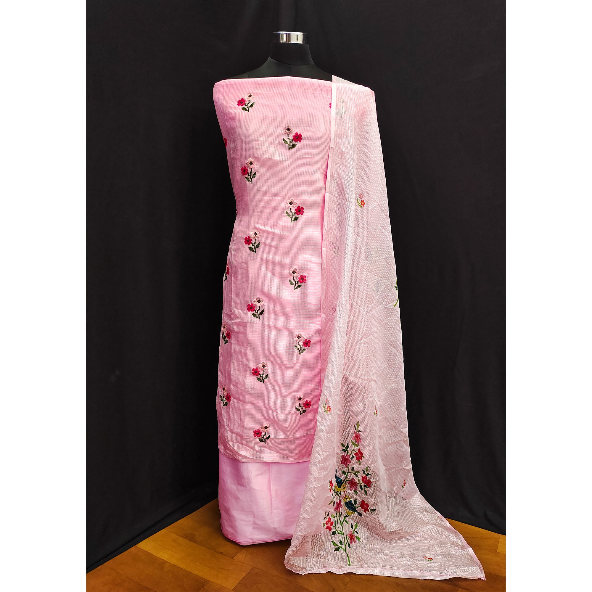 Pink Floral Embroidered Kota Doria Dress Material