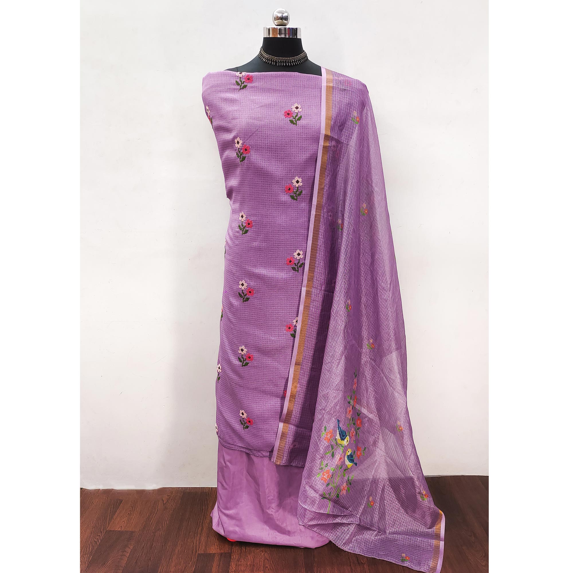 Purple Floral Embroidered Kota Doria Dress Material