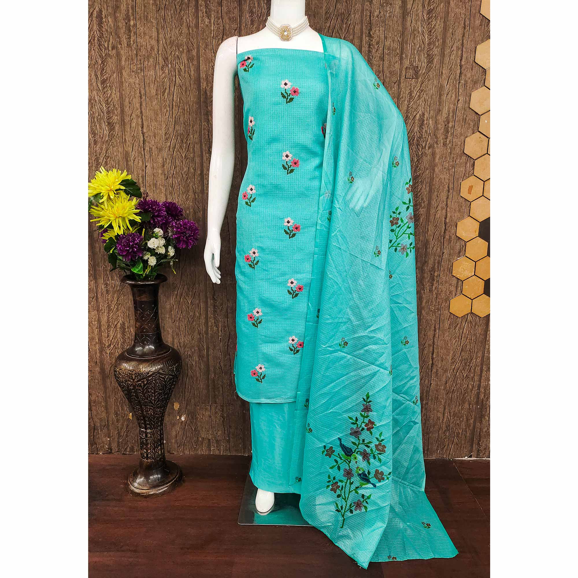 Unstitched Turquoise Suit Set in Soft Kota Doria Adorned with Floral Embroidery