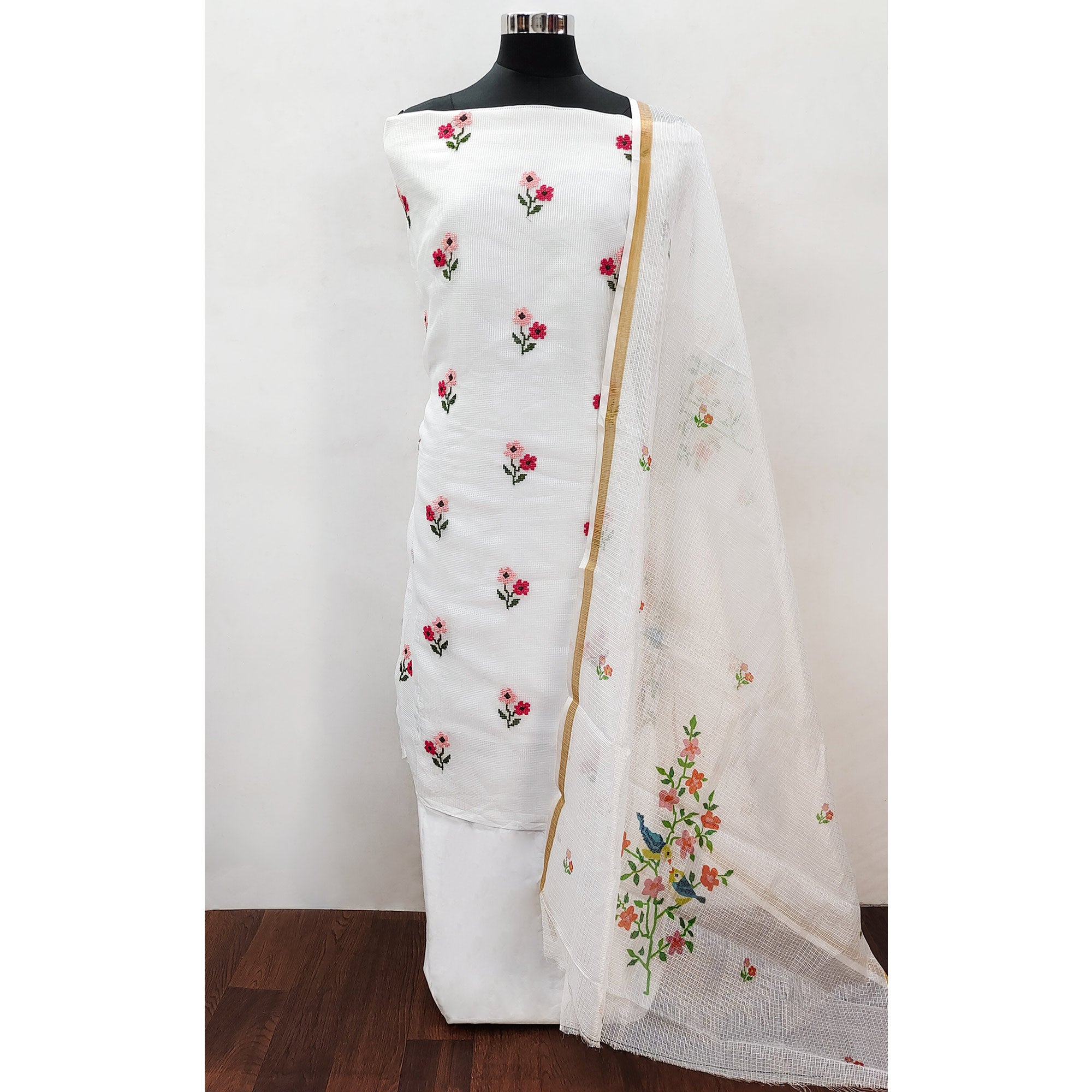 White Floral Embroidered Kota Doria Dress Material