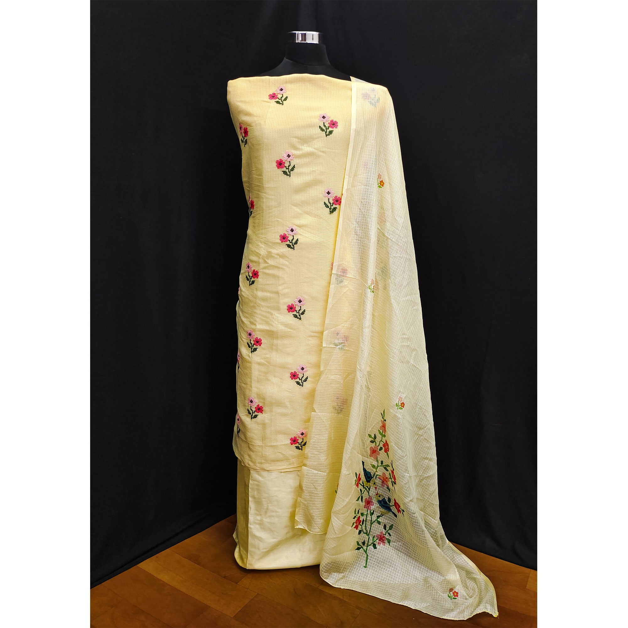 Yellow Floral Embroidered Kota Doria Dress Material