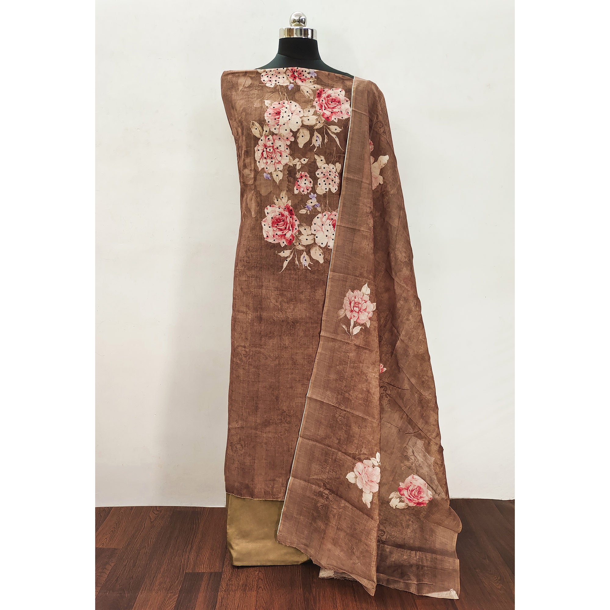 Brown Floral Printed Chanderi Dress Material