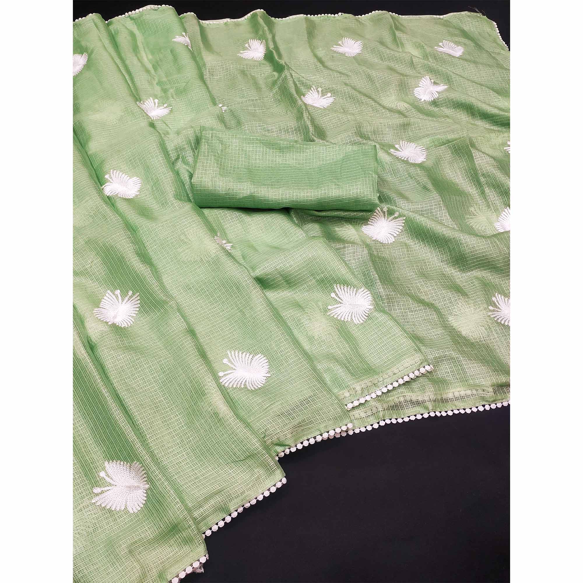 Green Embroidered Kota Doria Saree