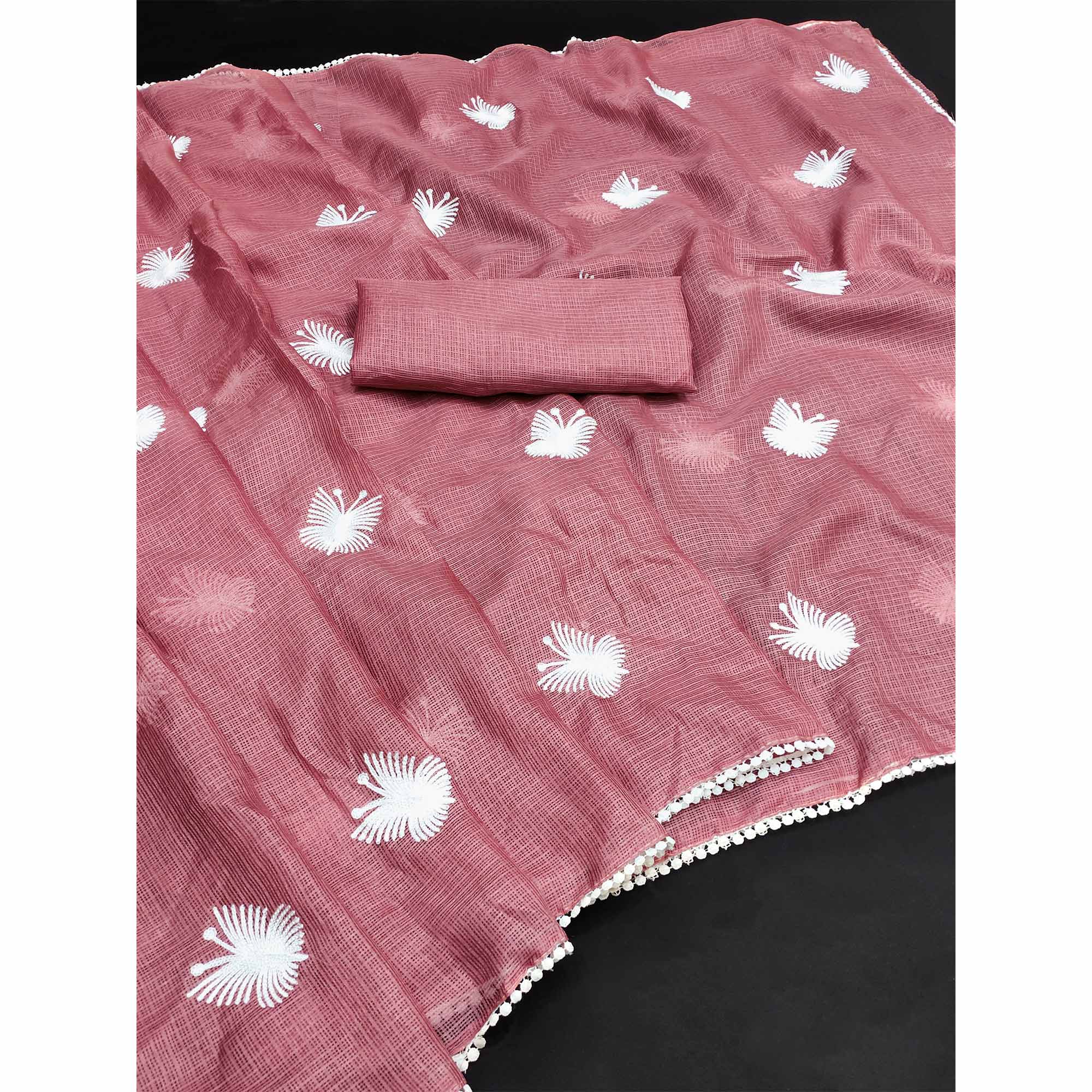 Peach Embroidered Kota Doria Saree