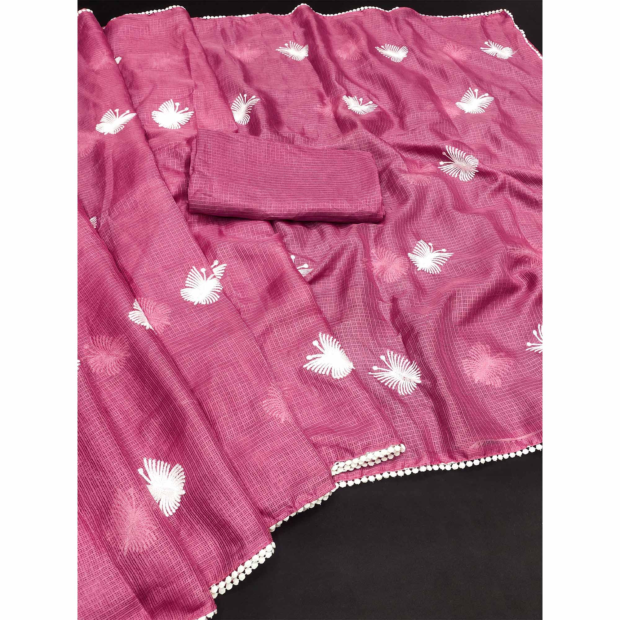 Pink Embroidered Kota Doria Saree