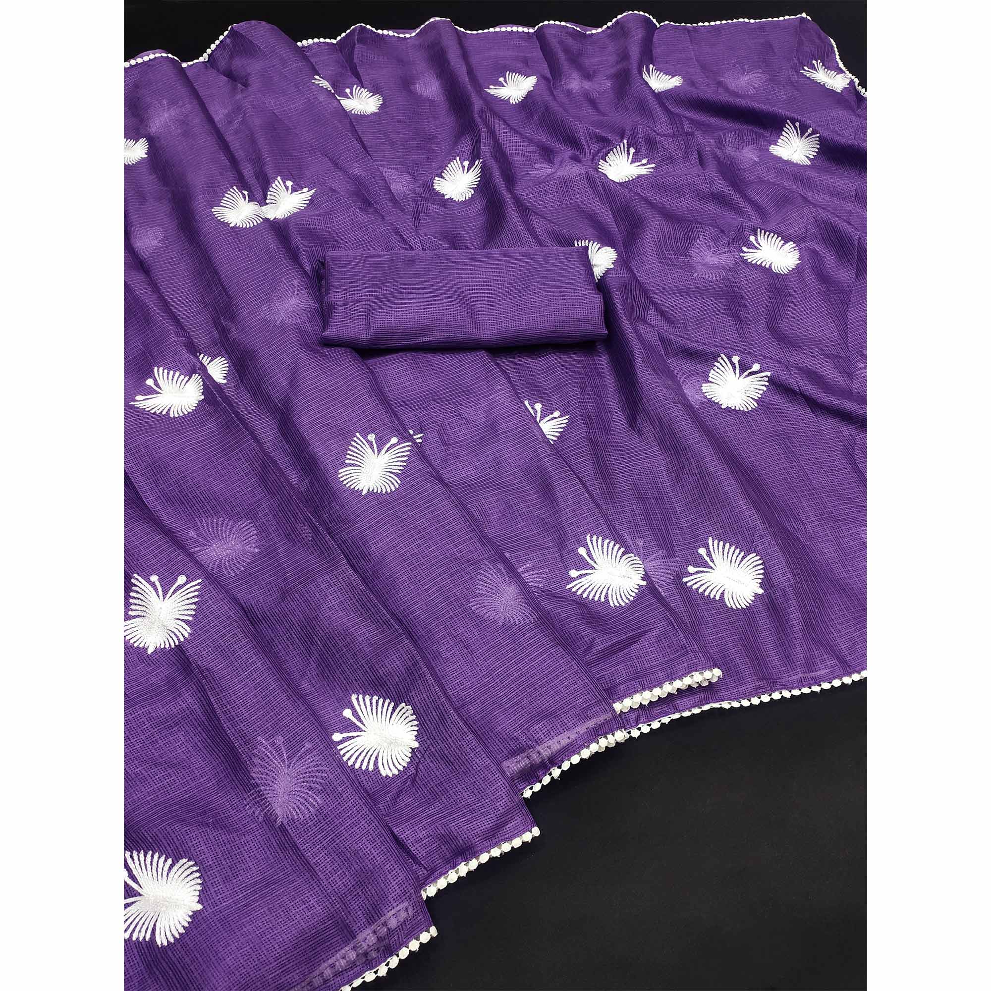 Purple Embroidered Kota Doria Saree