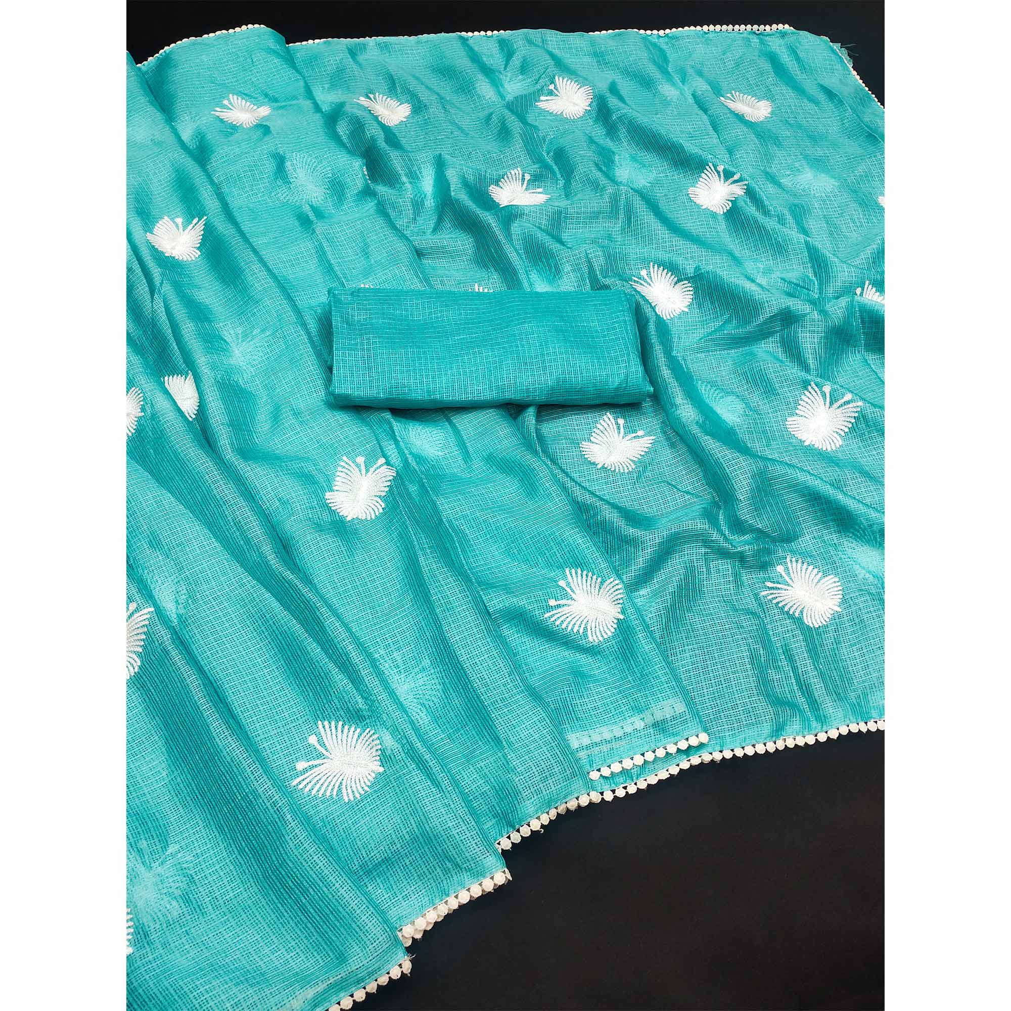 Turquoise Embroidered Kota Doria Saree