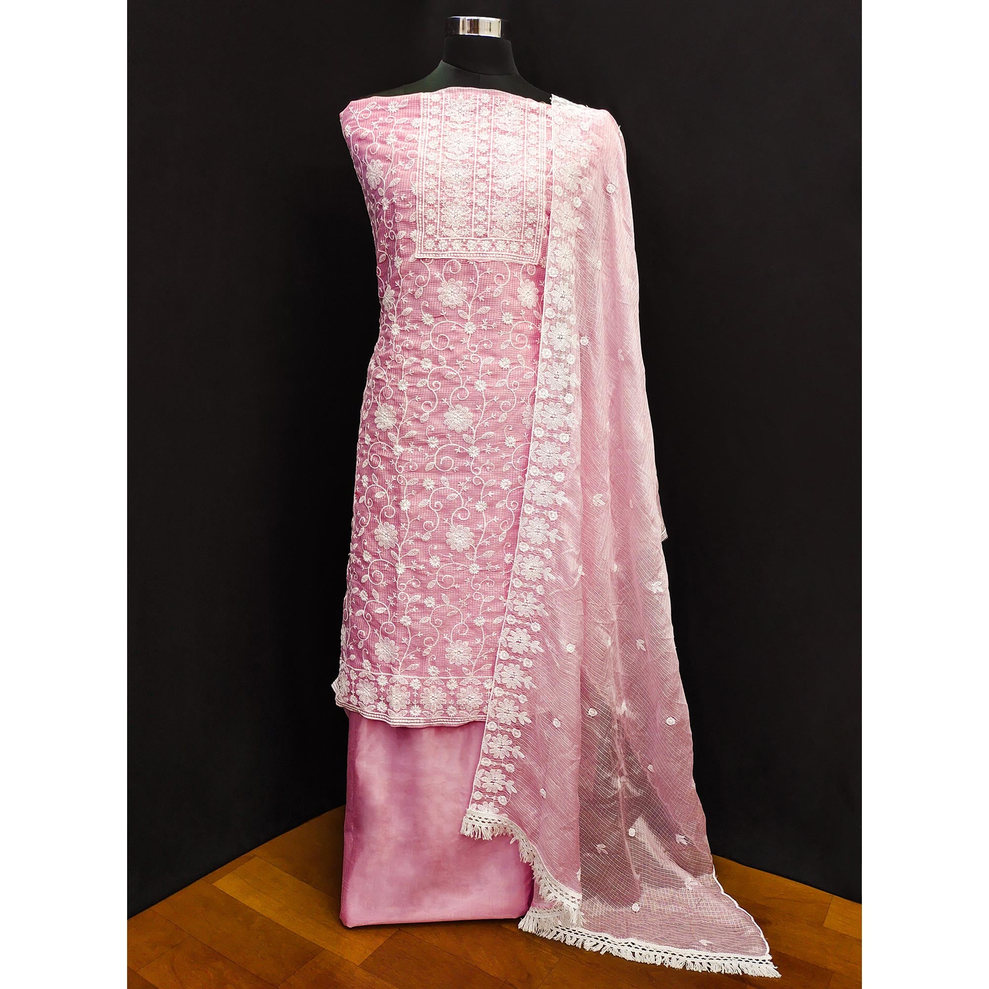 Pink Floral Embroidered Kota Doria Dress Material