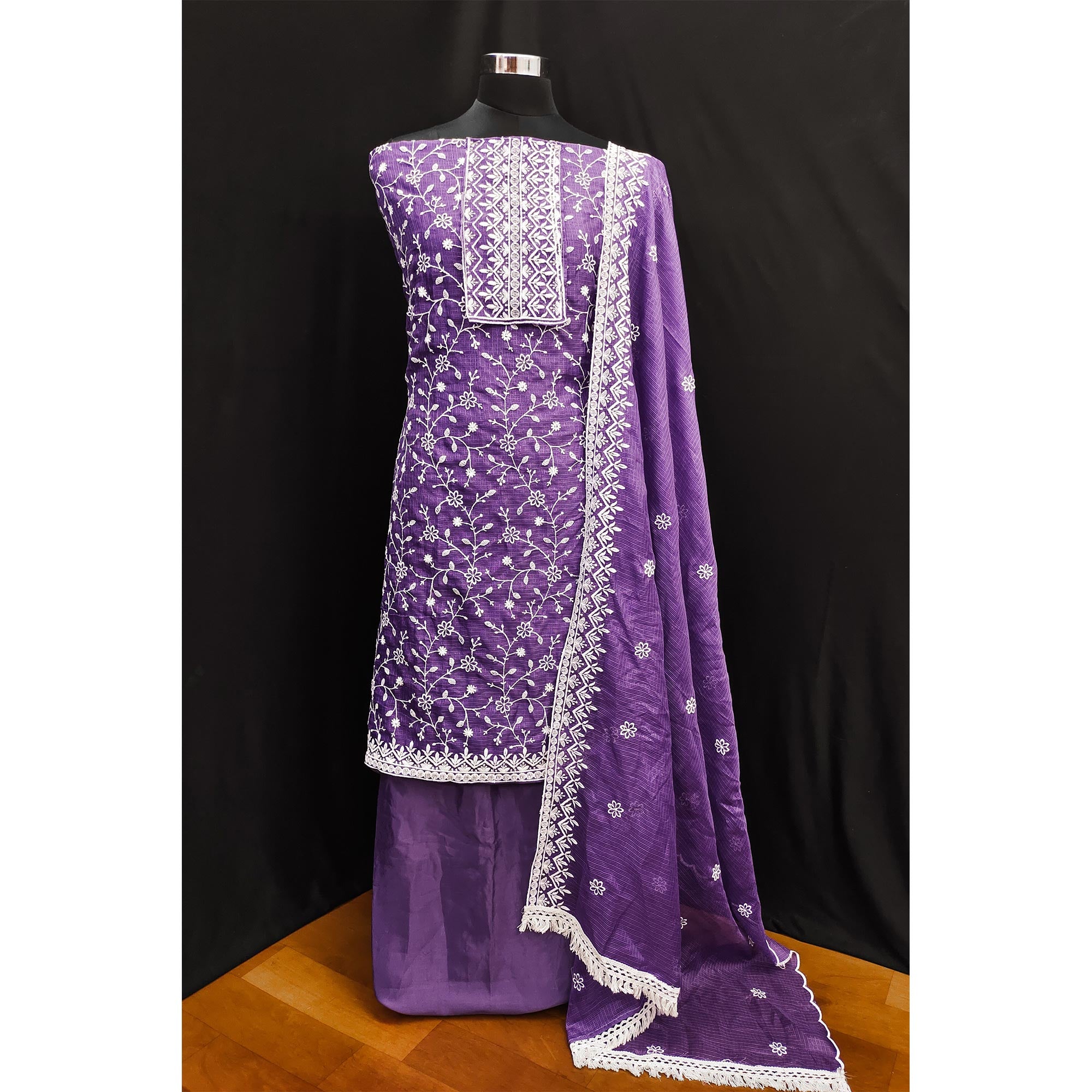 Lavender Floral Embroidered Kota Doria Dress Material