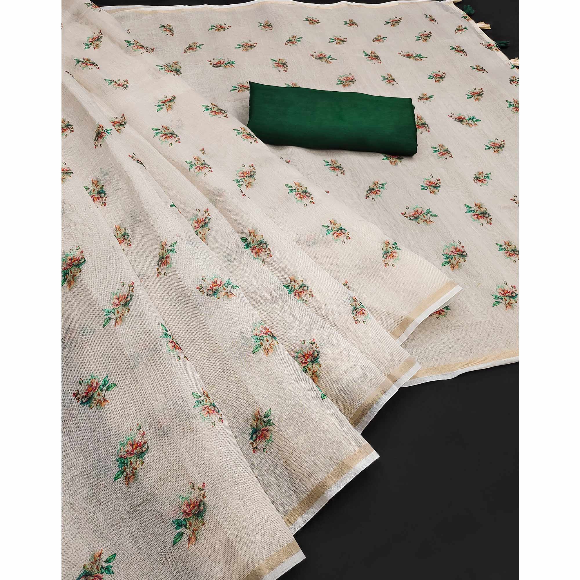 Cream & Green Floral Printed Cotton Silk Saree With Tassels