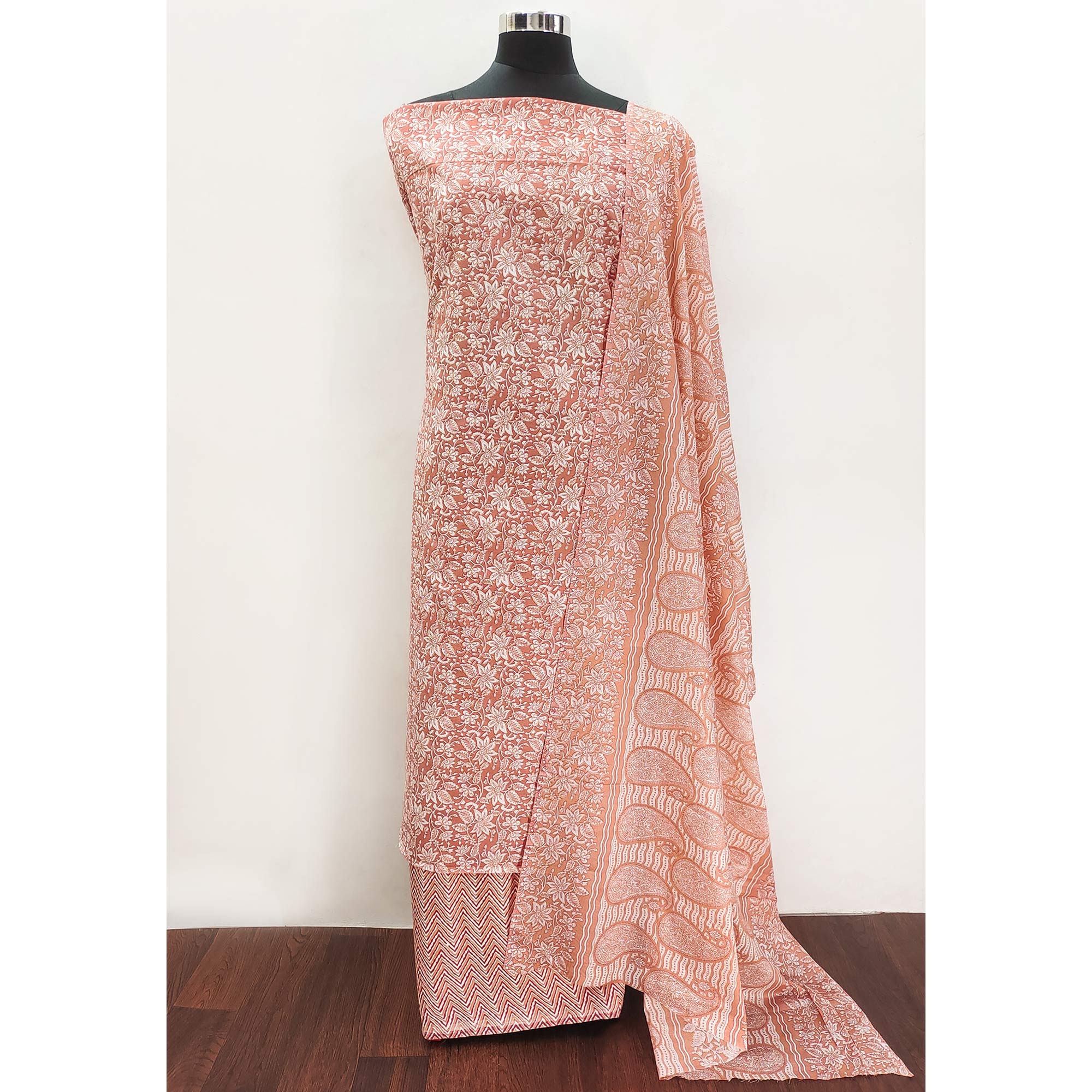 Peach Floral Printed Pure Cotton Dress Material